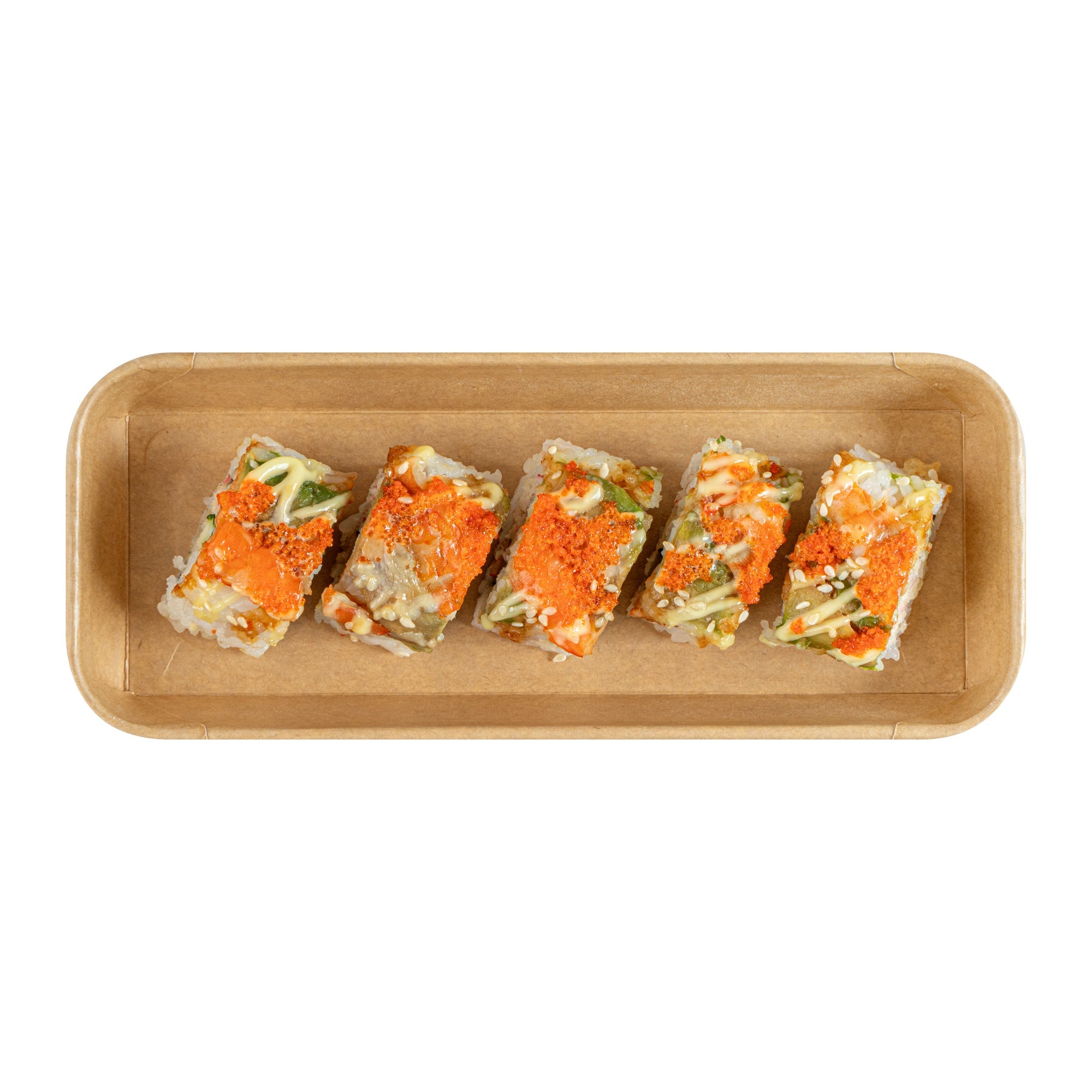 Matsuri Vision 10 oz Rectangle Kraft Paper Sushi Container - 8 3/4" x 3 1/2" x 1" - 100 count box