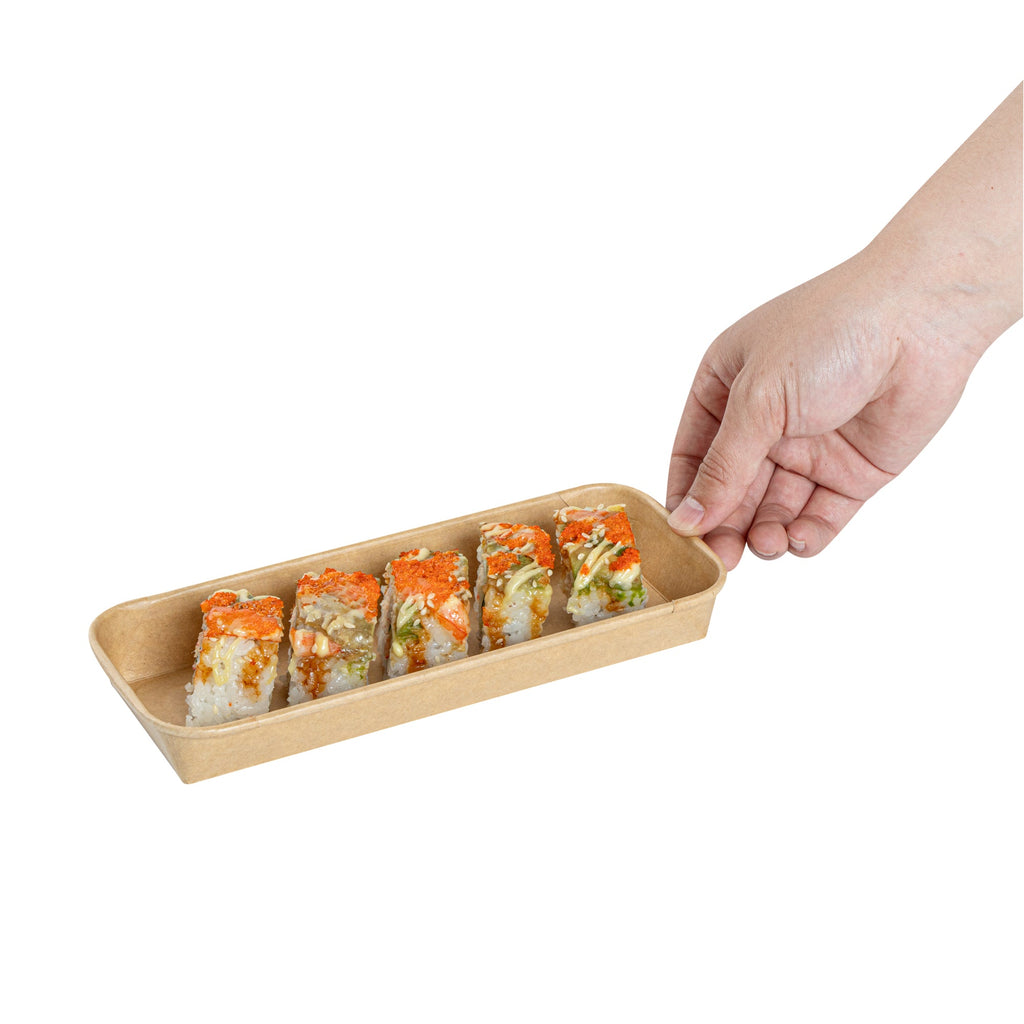Matsuri Vision 10 oz Rectangle Kraft Paper Sushi Container - 8 3/4" x 3 1/2" x 1" - 100 count box
