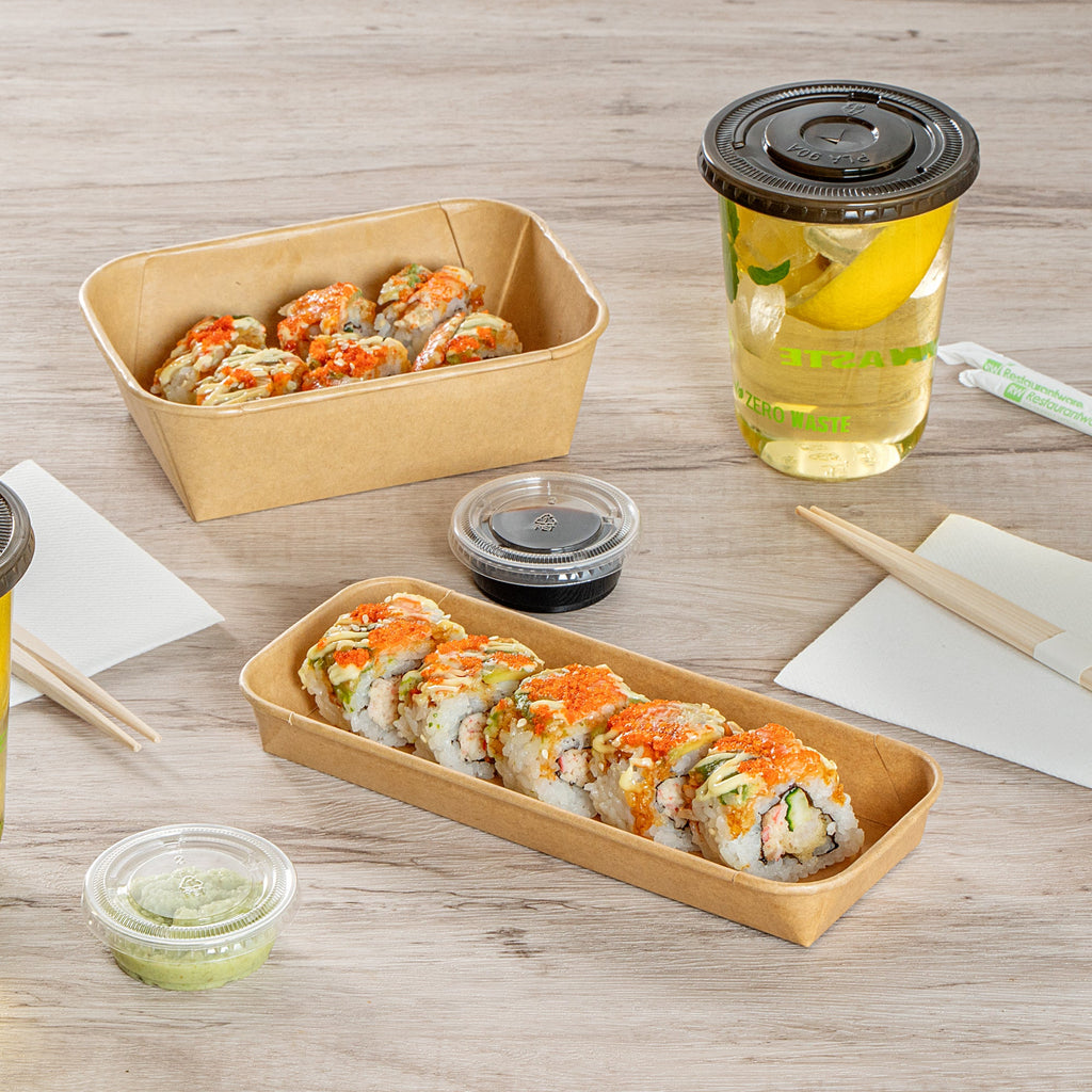 Matsuri Vision 10 oz Rectangle Kraft Paper Sushi Container - 8 3/4" x 3 1/2" x 1" - 100 count box