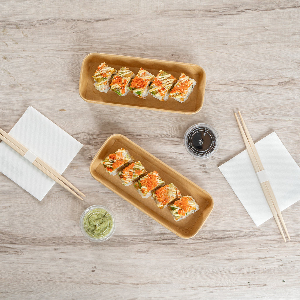 Matsuri Vision 10 oz Rectangle Kraft Paper Sushi Container - 8 3/4" x 3 1/2" x 1" - 100 count box