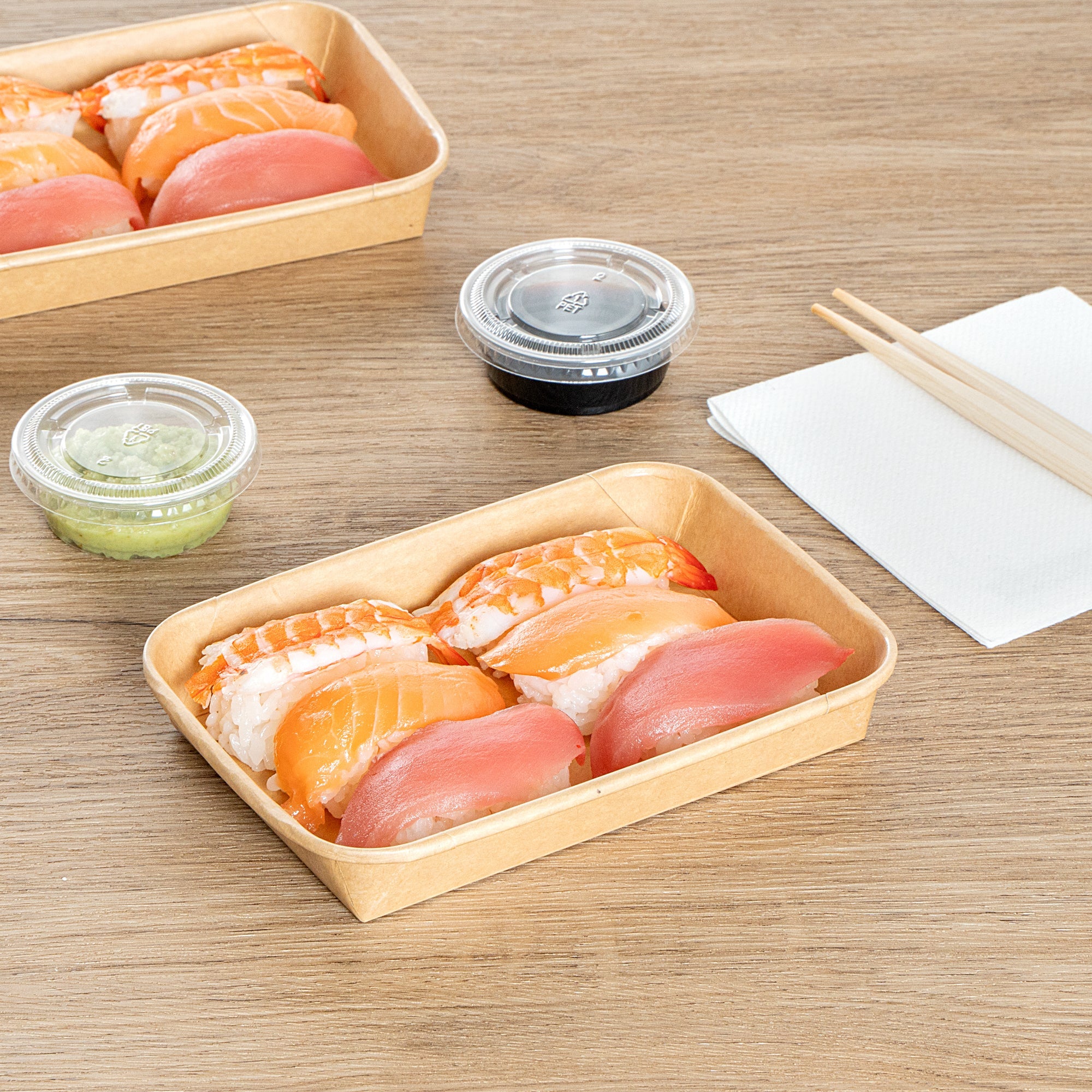 Matsuri Vision 8 oz Rectangle Kraft Paper Sushi Container - 6 1/2" x 4 1/2" x 1" - 50 count box