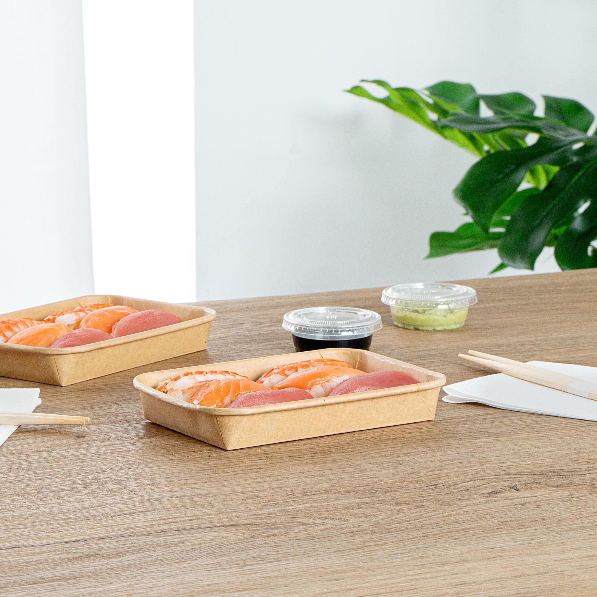 Matsuri Vision 8 oz Rectangle Kraft Paper Sushi Container - 6 1/2" x 4 1/2" x 1" - 50 count box