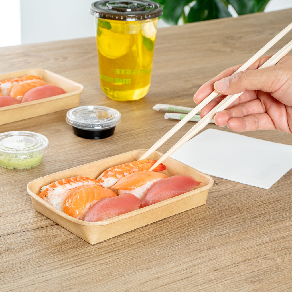 Matsuri Vision 8 oz Rectangle Kraft Paper Sushi Container - 6 1/2" x 4 1/2" x 1" - 50 count box