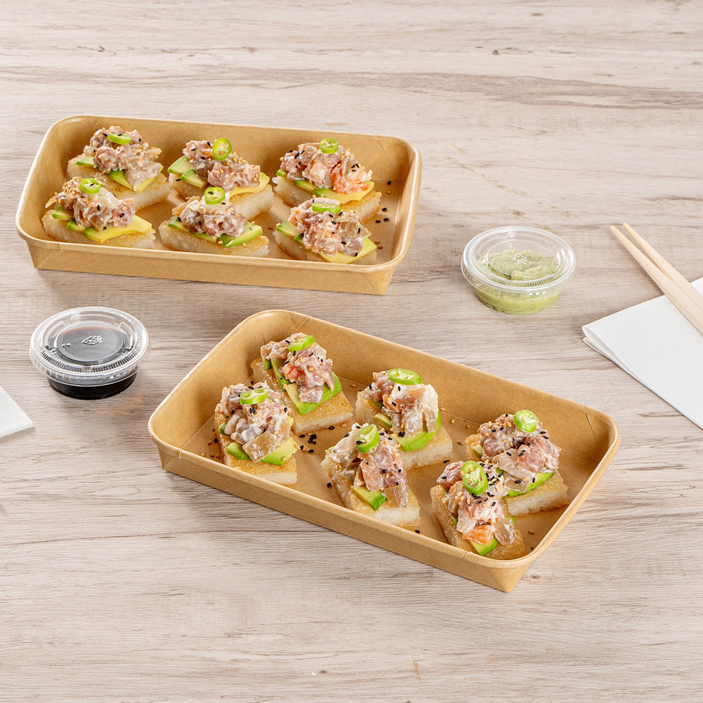 Matsuri Vision 15 oz Rectangle Kraft Paper Sushi Container - 8 3/4" x 5 1/2" x 1" - 100 count box