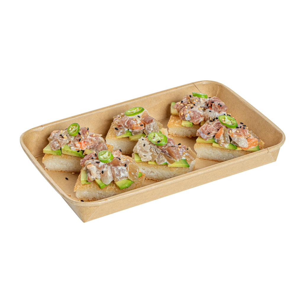 Matsuri Vision 15 oz Rectangle Kraft Paper Sushi Container - 8 3/4" x 5 1/2" x 1" - 50 count box