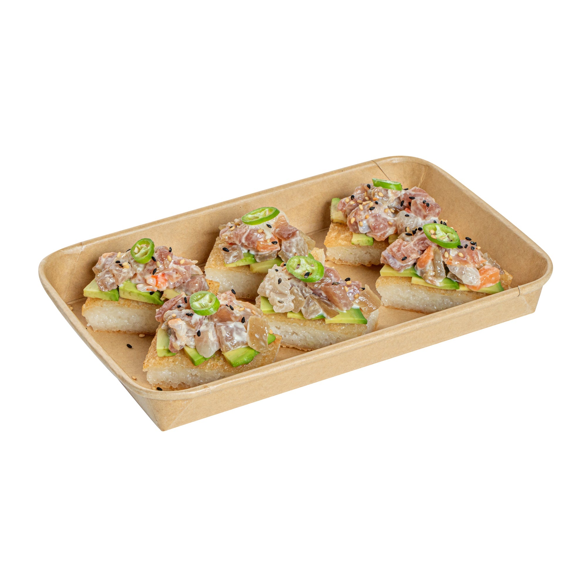 Matsuri Vision 15 oz Rectangle Kraft Paper Sushi Container - 8 3/4" x 5 1/2" x 1" - 50 count box