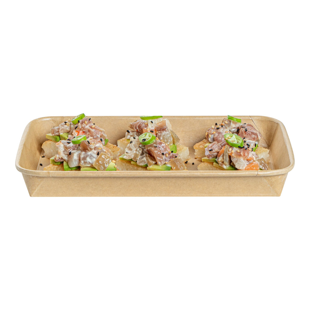 Matsuri Vision 15 oz Rectangle Kraft Paper Sushi Container - 8 3/4" x 5 1/2" x 1" - 50 count box