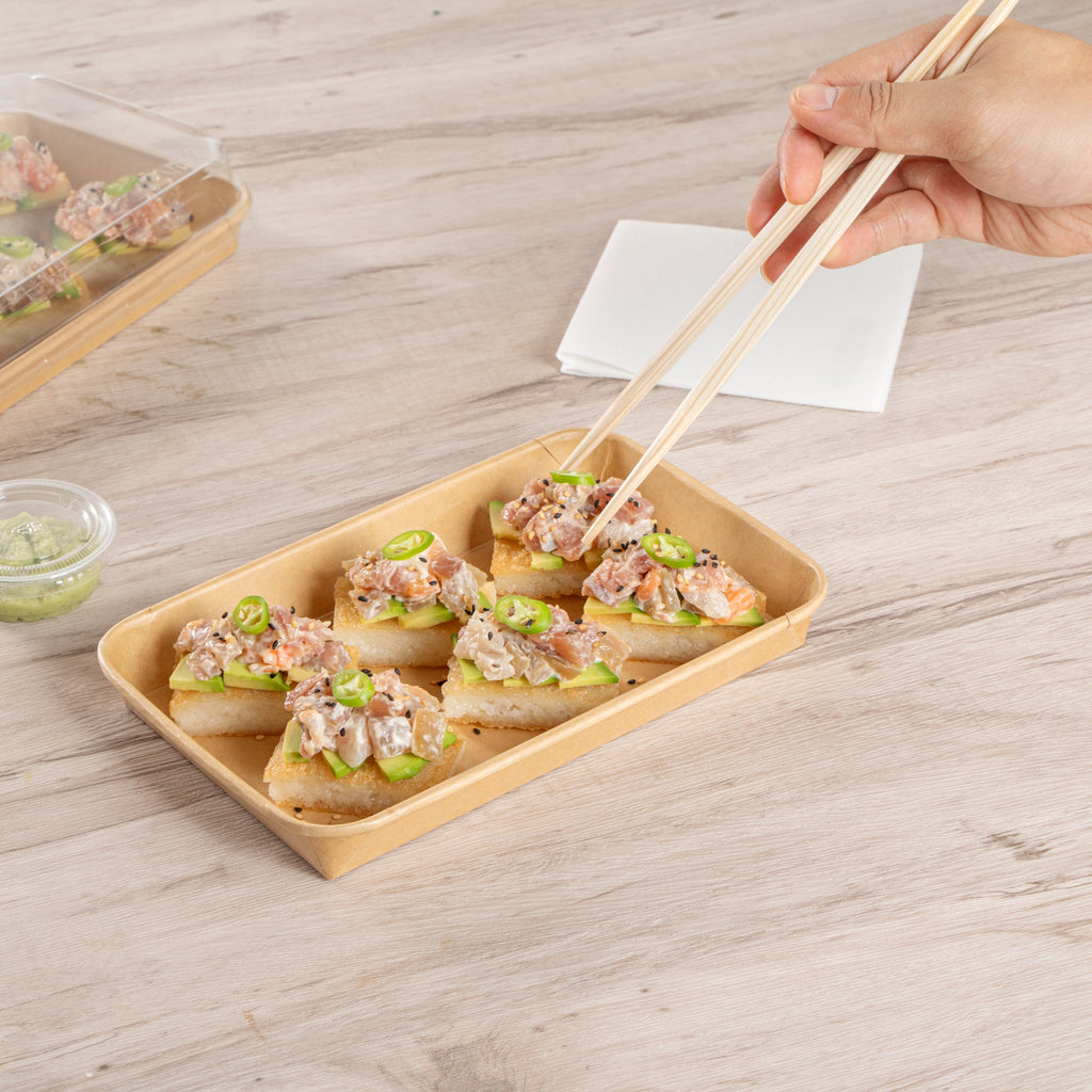 Matsuri Vision 15 oz Rectangle Kraft Paper Sushi Container - 8 3/4" x 5 1/2" x 1" - 50 count box