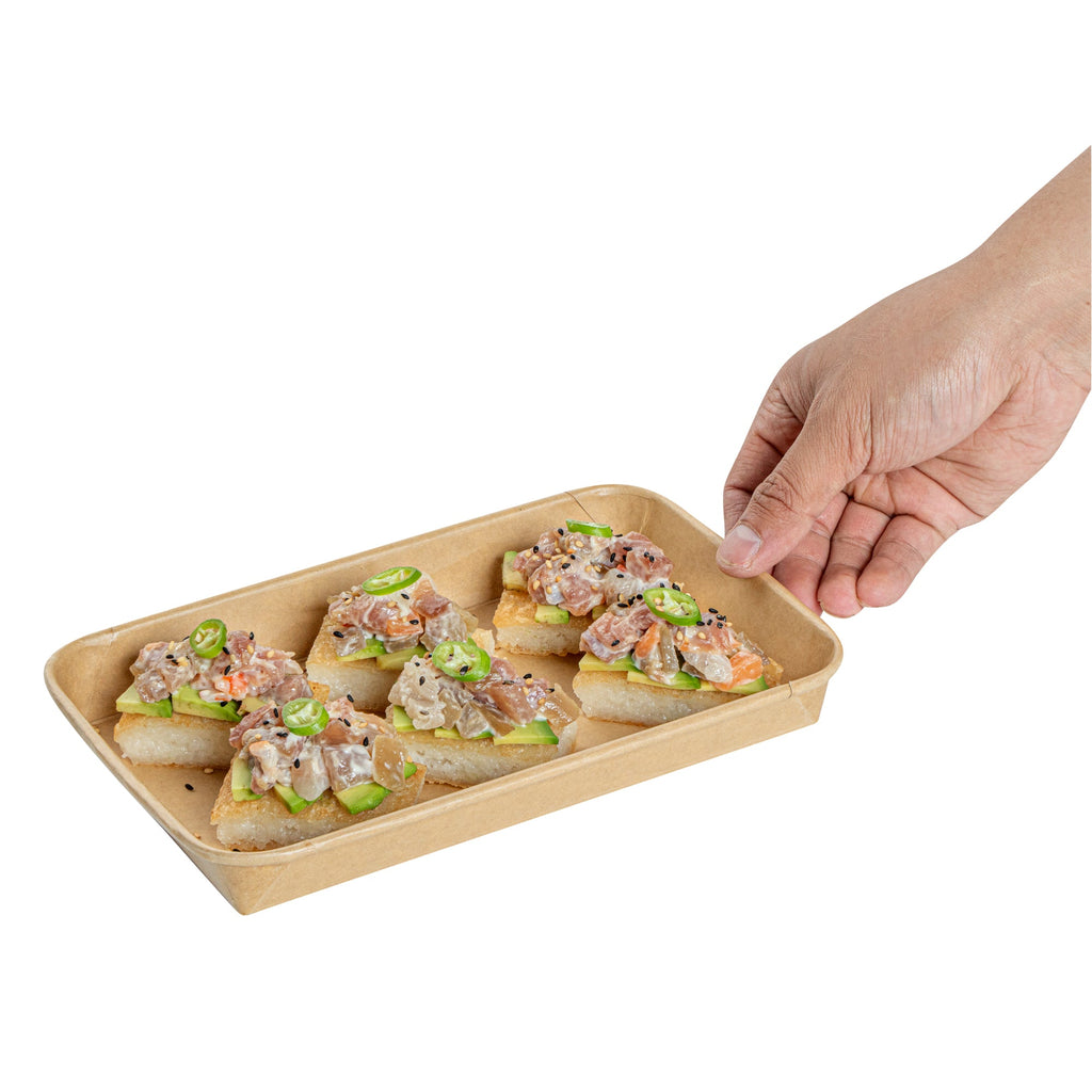 Matsuri Vision 15 oz Rectangle Kraft Paper Sushi Container - 8 3/4" x 5 1/2" x 1" - 100 count box