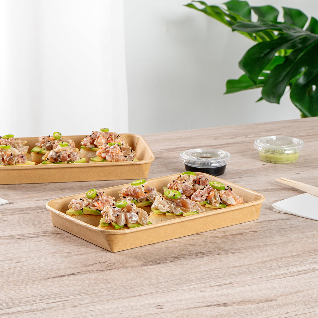 Matsuri Vision 15 oz Rectangle Kraft Paper Sushi Container - 8 3/4" x 5 1/2" x 1" - 100 count box