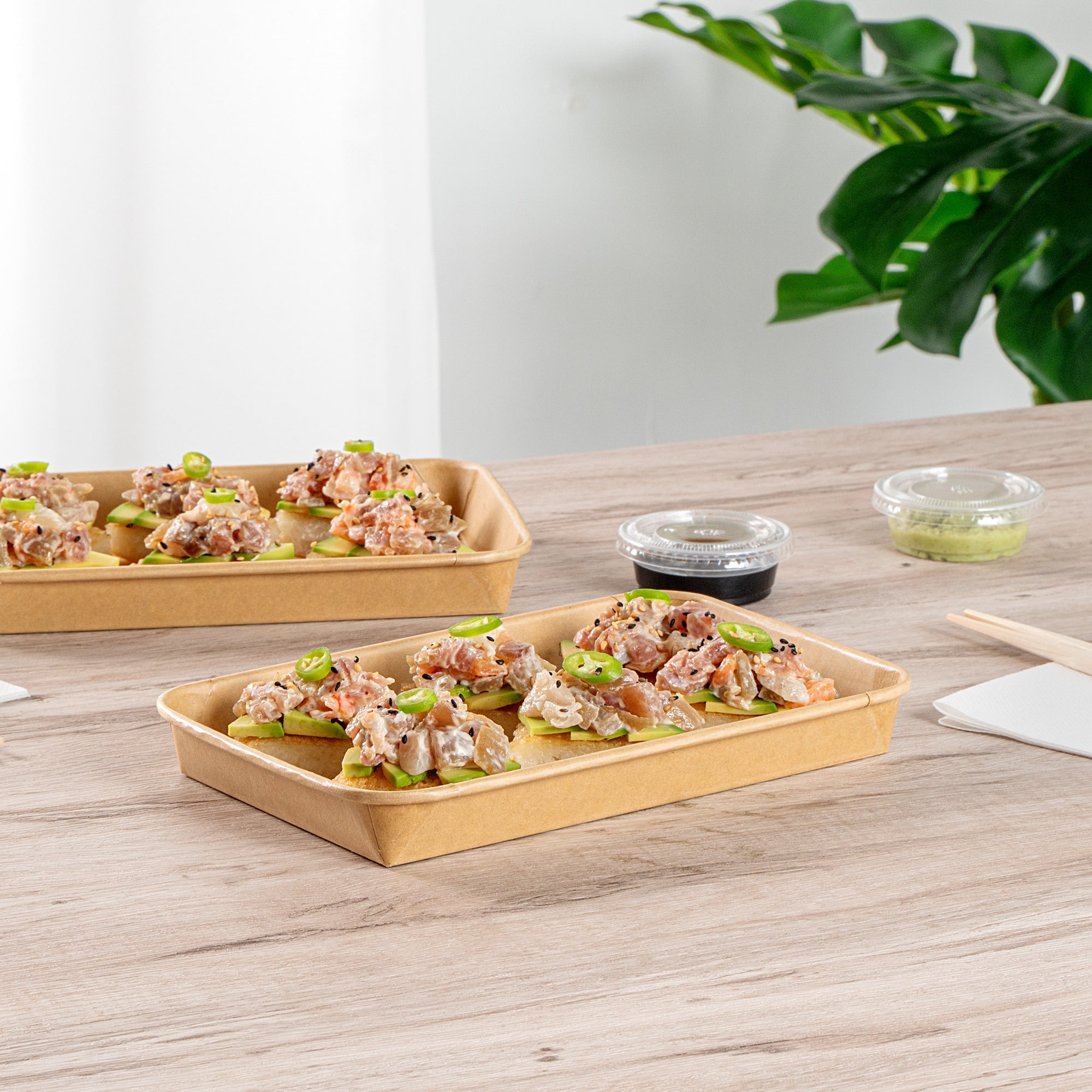 Matsuri Vision 15 oz Rectangle Kraft Paper Sushi Container - 8 3/4" x 5 1/2" x 1" - 100 count box