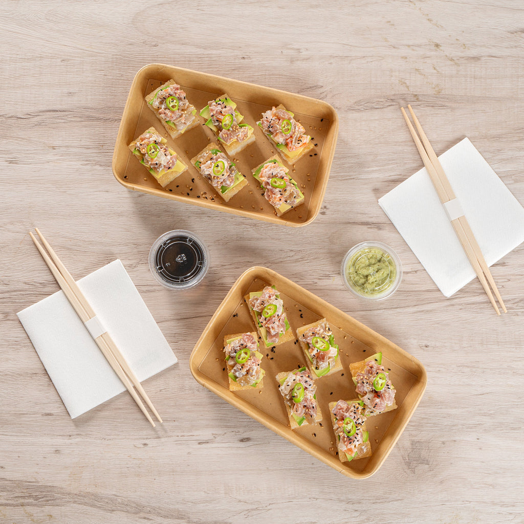 Matsuri Vision 15 oz Rectangle Kraft Paper Sushi Container - 8 3/4" x 5 1/2" x 1" - 100 count box