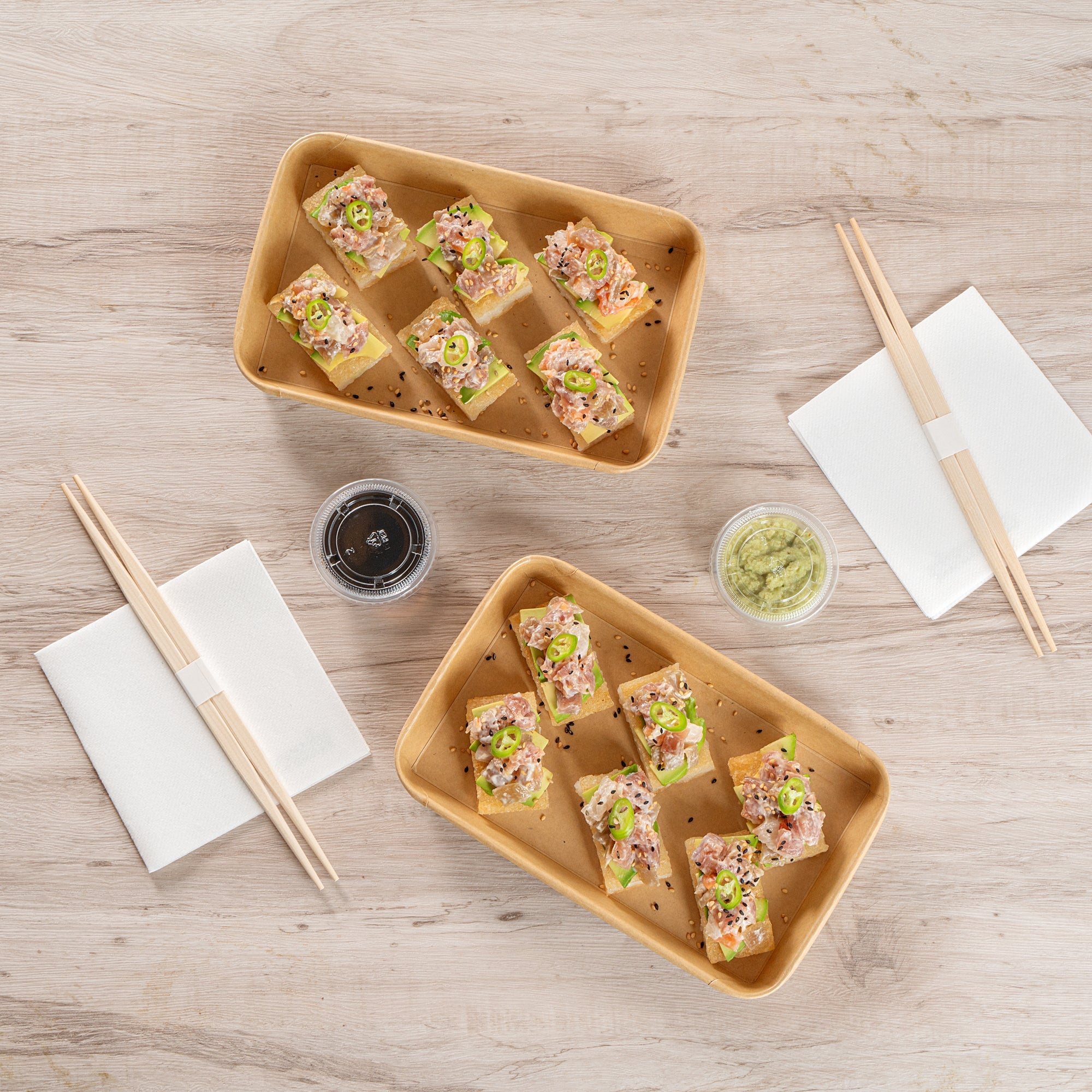 Matsuri Vision 15 oz Rectangle Kraft Paper Sushi Container - 8 3/4" x 5 1/2" x 1" - 100 count box