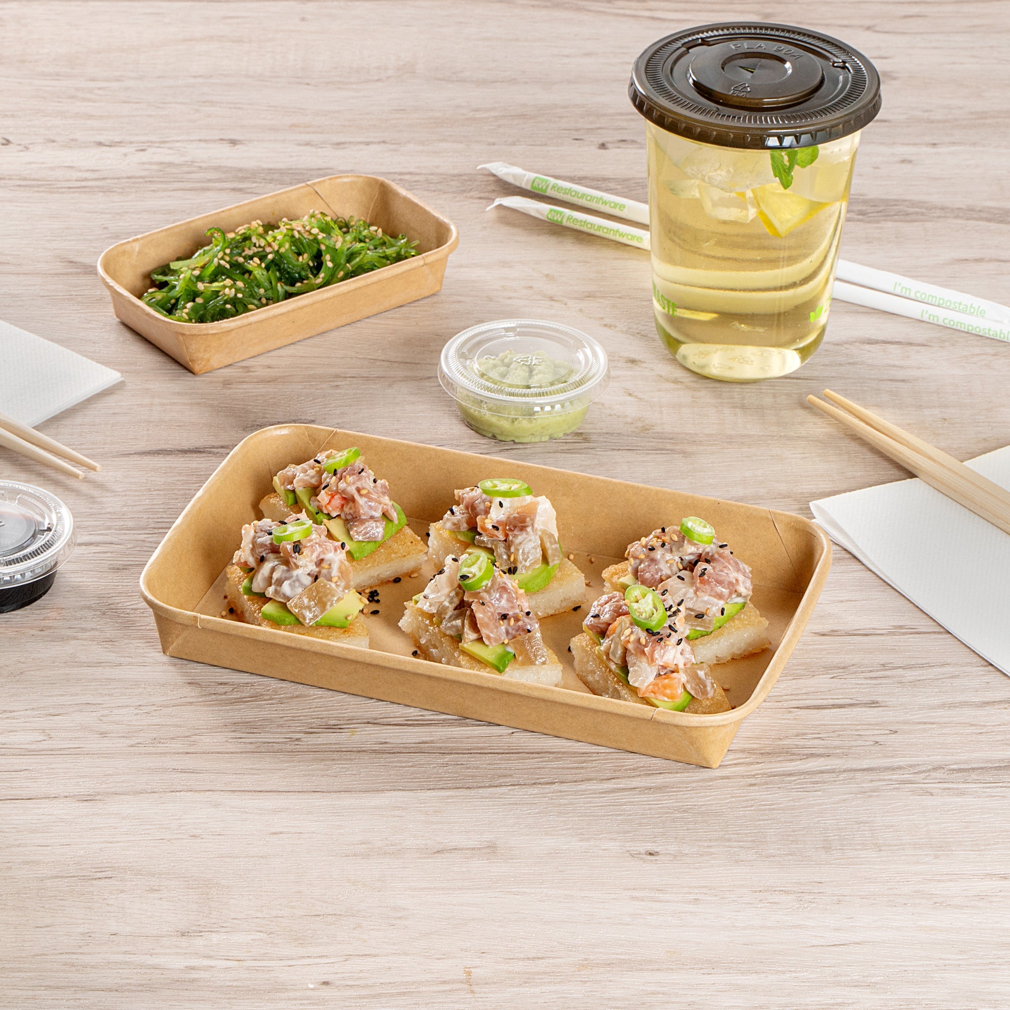 Matsuri Vision 15 oz Rectangle Kraft Paper Sushi Container - 8 3/4" x 5 1/2" x 1" - 100 count box