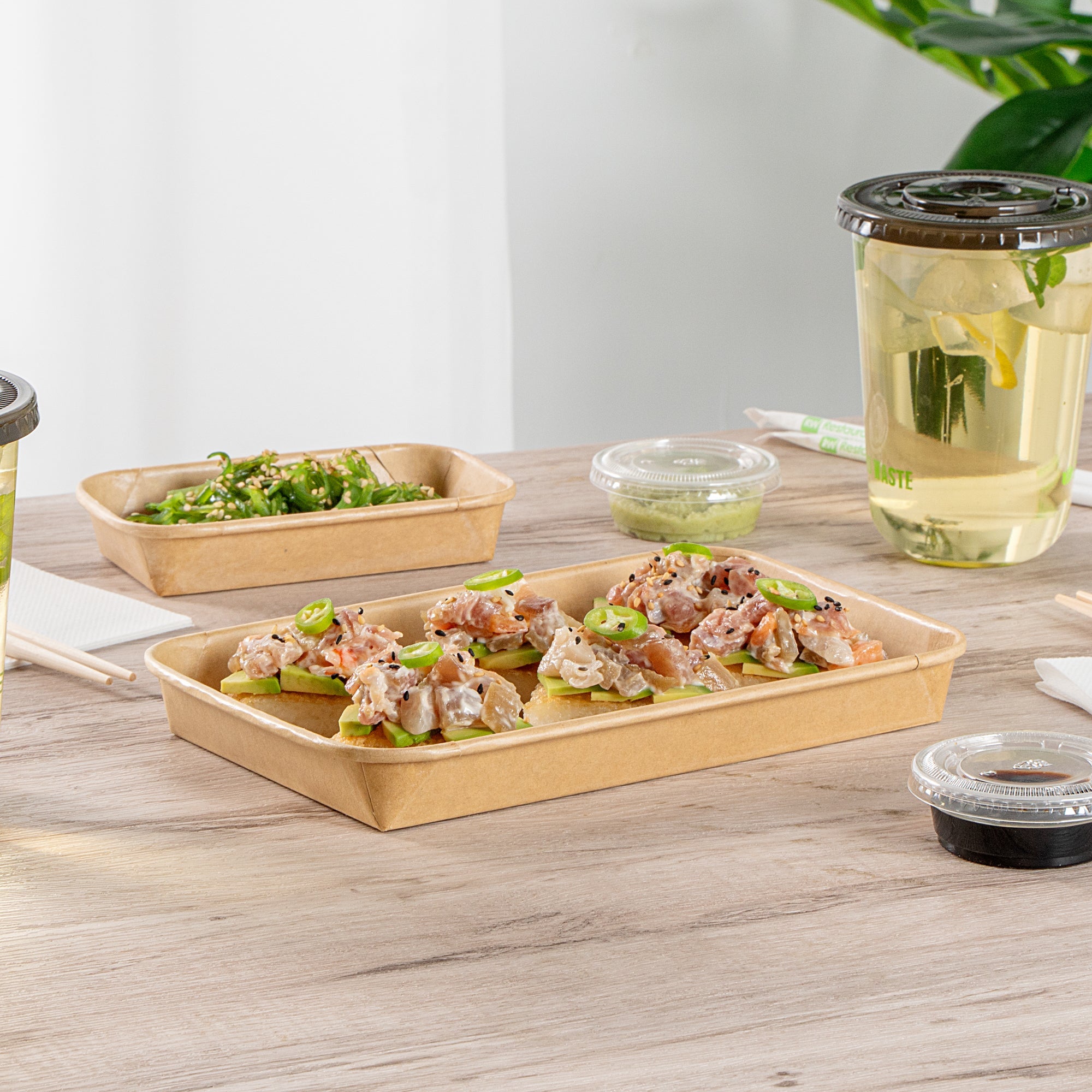 Matsuri Vision 15 oz Rectangle Kraft Paper Sushi Container - 8 3/4" x 5 1/2" x 1" - 100 count box