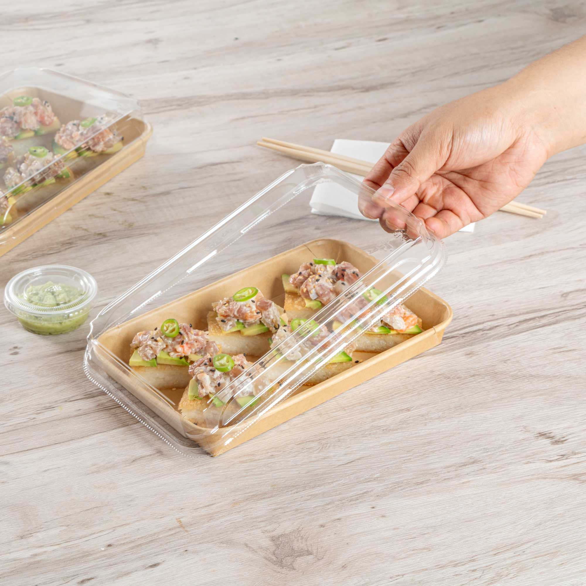 Matsuri Vision Clear PET Plastic Lid - Fits 15 oz Sushi Container, Anti-Fog - 100 count box