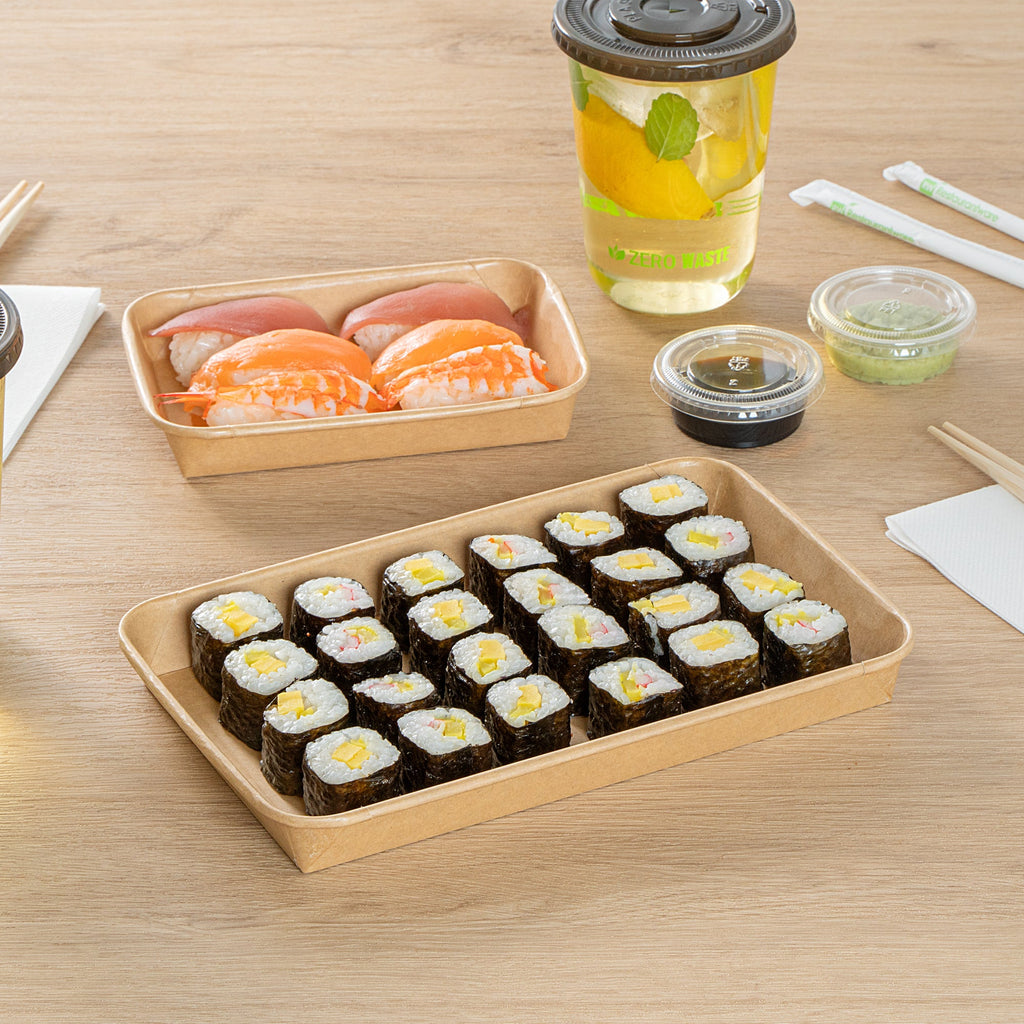 Matsuri Vision 20 oz Rectangle Kraft Paper Sushi Container - 9 1/2" x 6" x 1" - 100 count box
