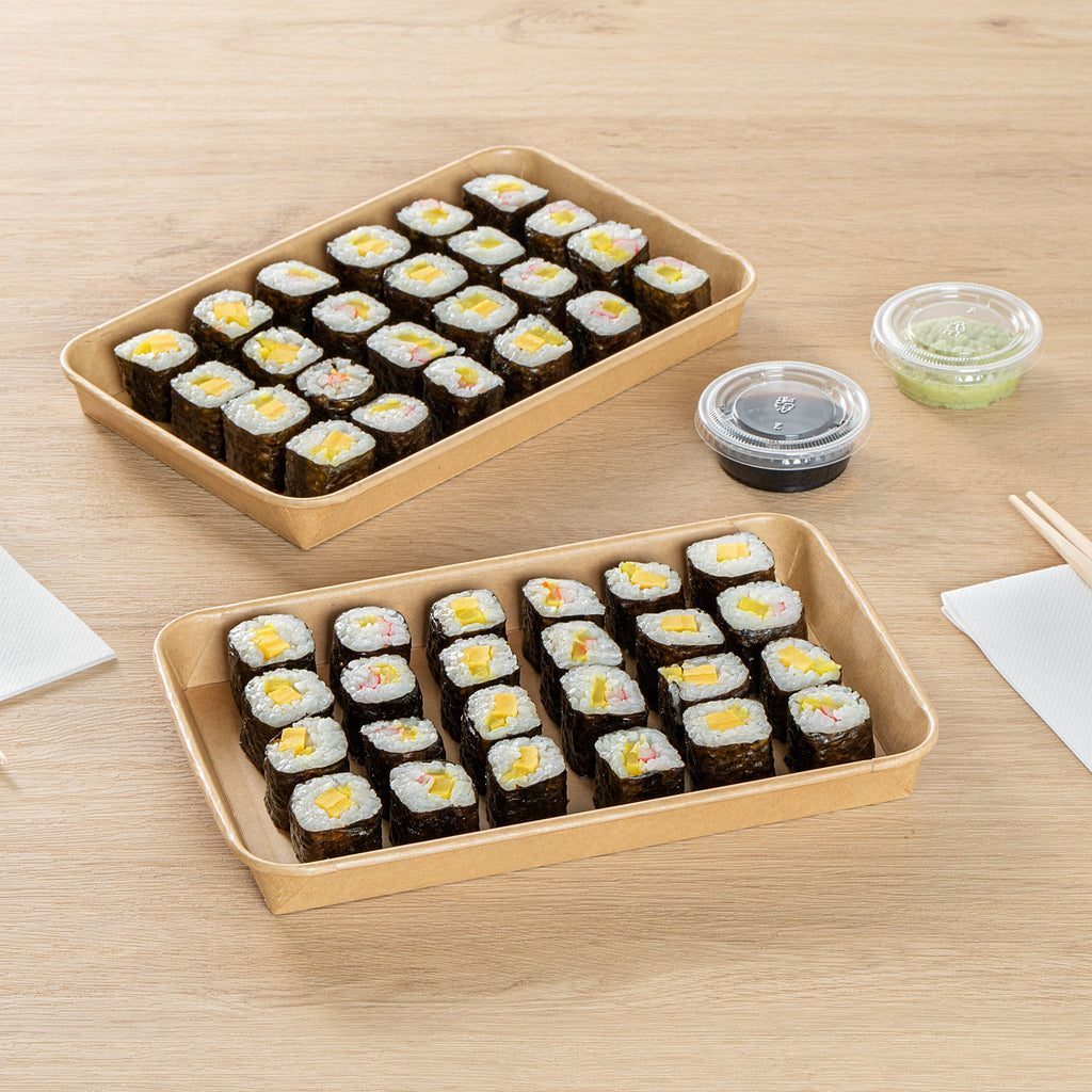 Matsuri Vision 20 oz Rectangle Kraft Paper Sushi Container - 9 1/2" x 6" x 1" - 100 count box