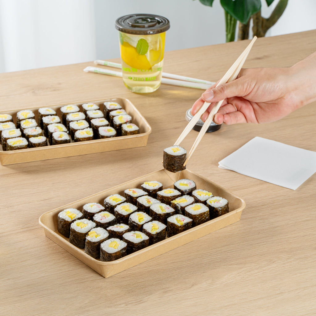 Matsuri Vision 20 oz Rectangle Kraft Paper Sushi Container - 9 1/2" x 6" x 1" - 100 count box