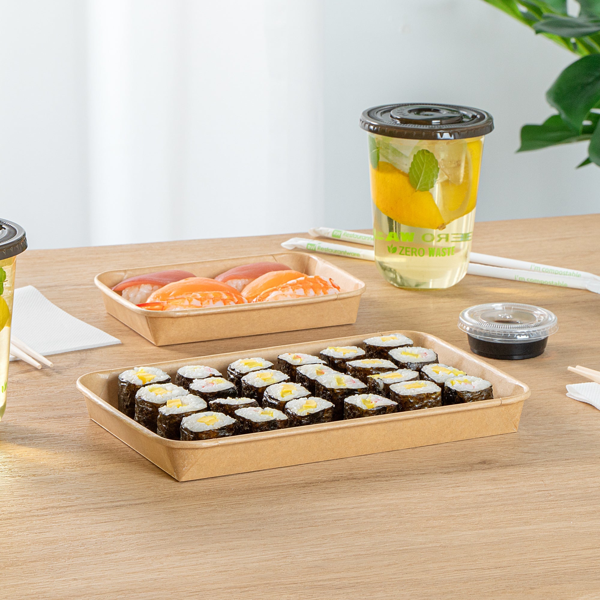 Matsuri Vision 20 oz Rectangle Kraft Paper Sushi Container - 9 1/2" x 6" x 1" - 100 count box