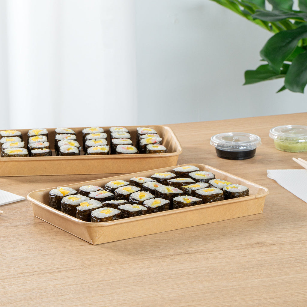 Matsuri Vision 20 oz Rectangle Kraft Paper Sushi Container - 9 1/2" x 6" x 1" - 100 count box