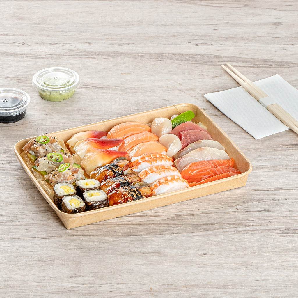Matsuri Vision 23 oz Rectangle Kraft Paper Sushi Container - 10" x 7 1/4" x 1" - 100 count box