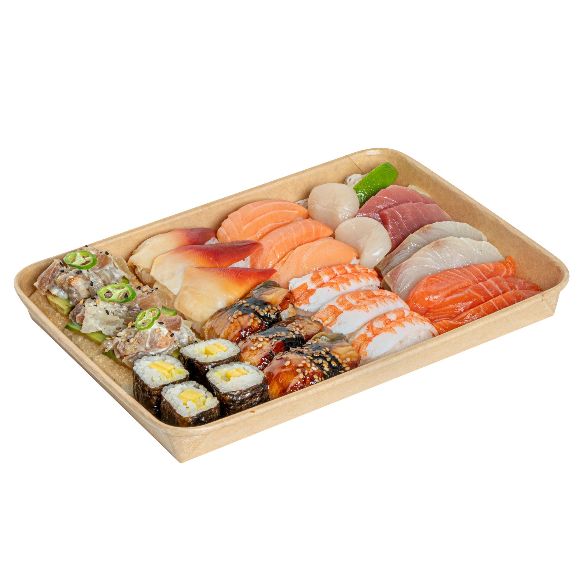 Matsuri Vision 23 oz Rectangle Kraft Paper Sushi Container - 10" x 7 1/4" x 1" - 50 count box