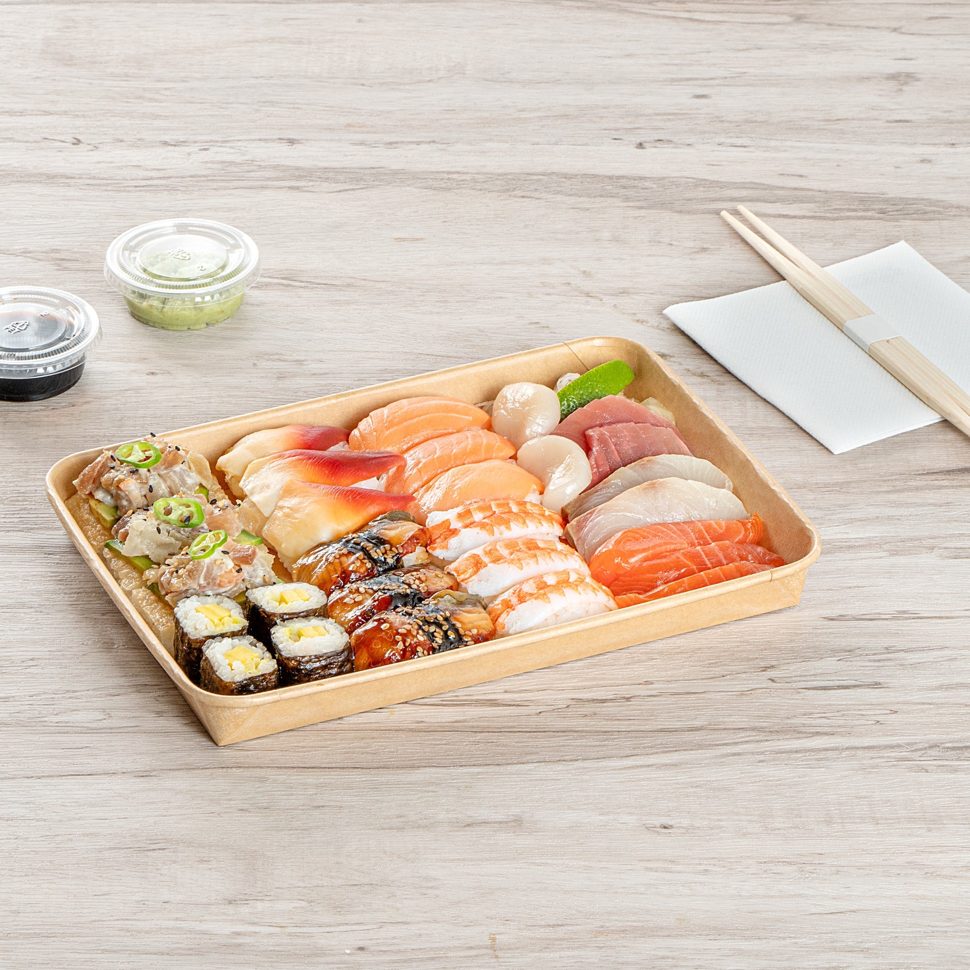 Matsuri Vision 23 oz Rectangle Kraft Paper Sushi Container - 10" x 7 1/4" x 1" - 50 count box