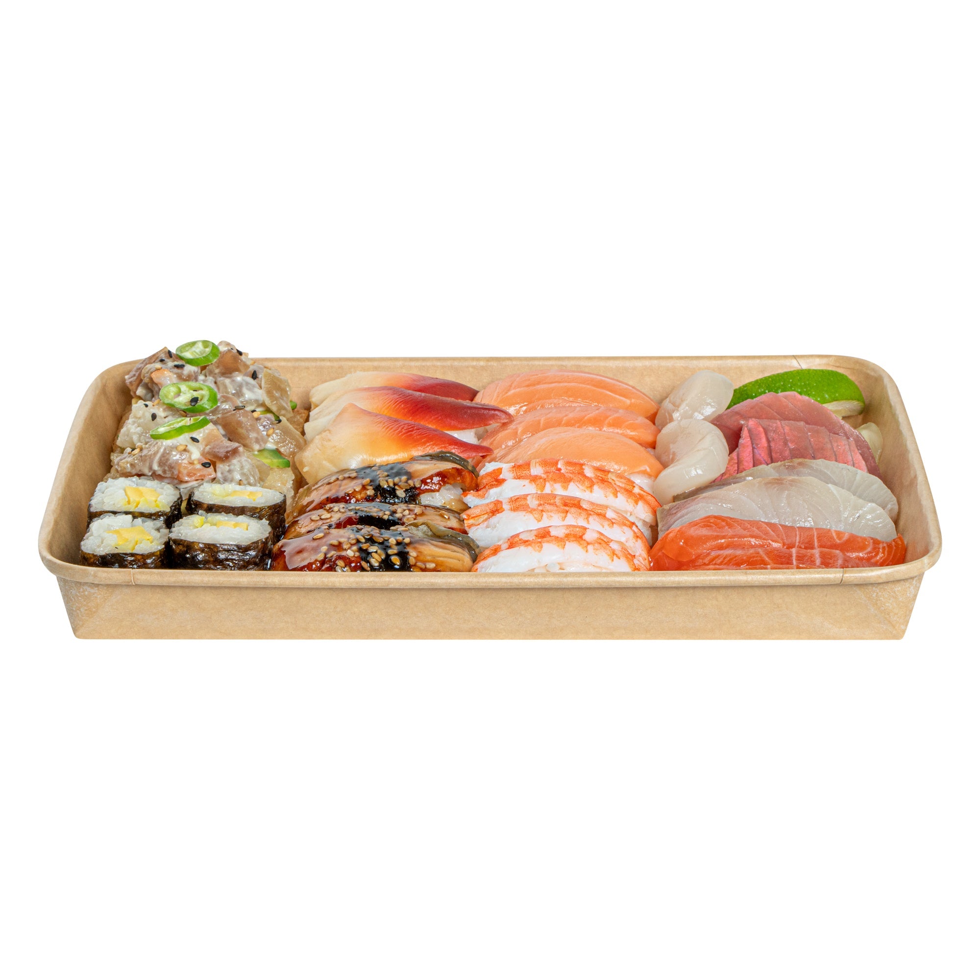 Matsuri Vision 23 oz Rectangle Kraft Paper Sushi Container - 10" x 7 1/4" x 1" - 50 count box
