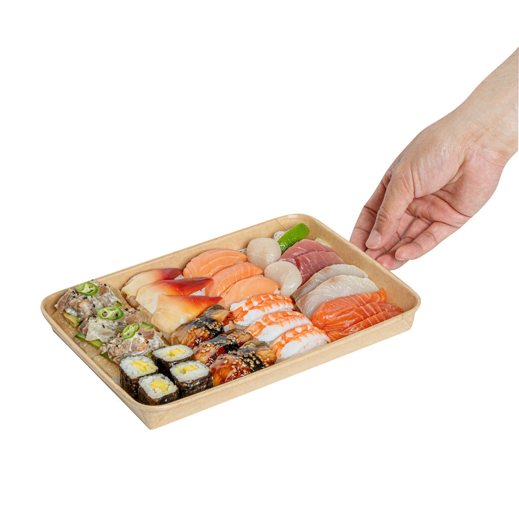 Matsuri Vision 23 oz Rectangle Kraft Paper Sushi Container - 10" x 7 1/4" x 1" - 50 count box
