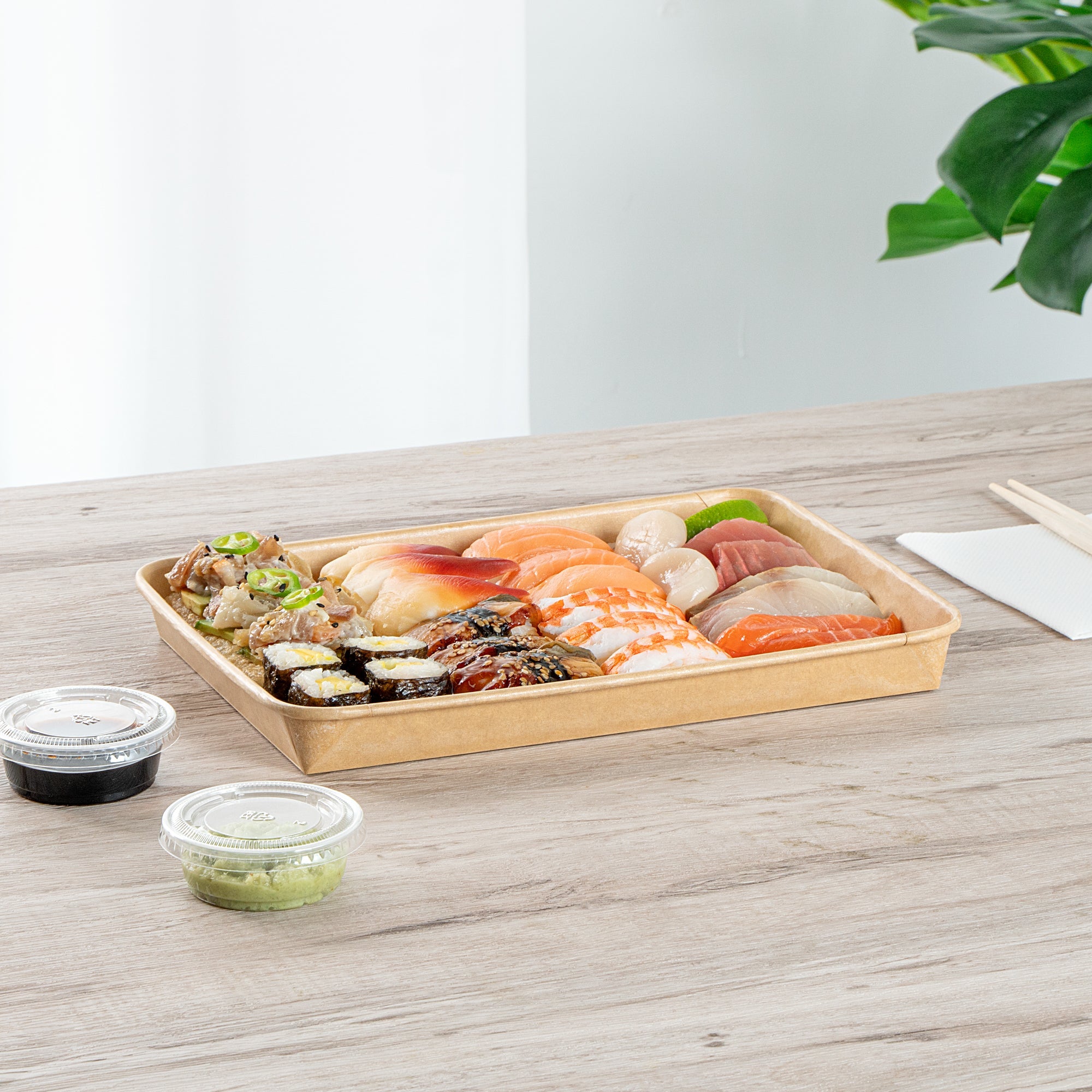 Matsuri Vision 23 oz Rectangle Kraft Paper Sushi Container - 10" x 7 1/4" x 1" - 50 count box