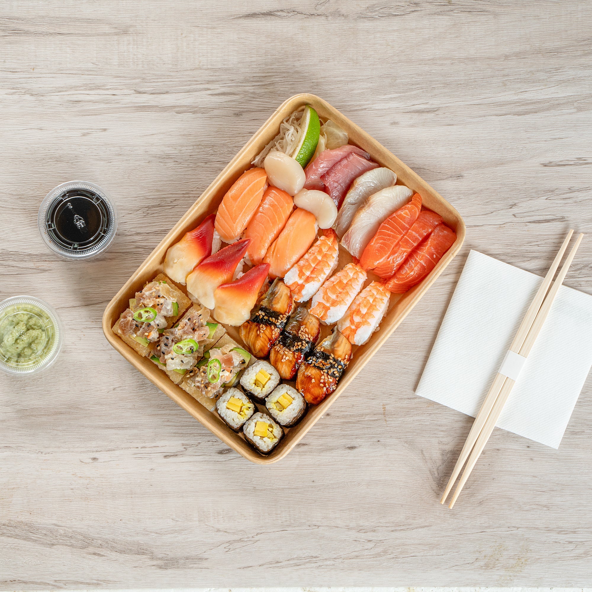 Matsuri Vision 23 oz Rectangle Kraft Paper Sushi Container - 10" x 7 1/4" x 1" - 50 count box