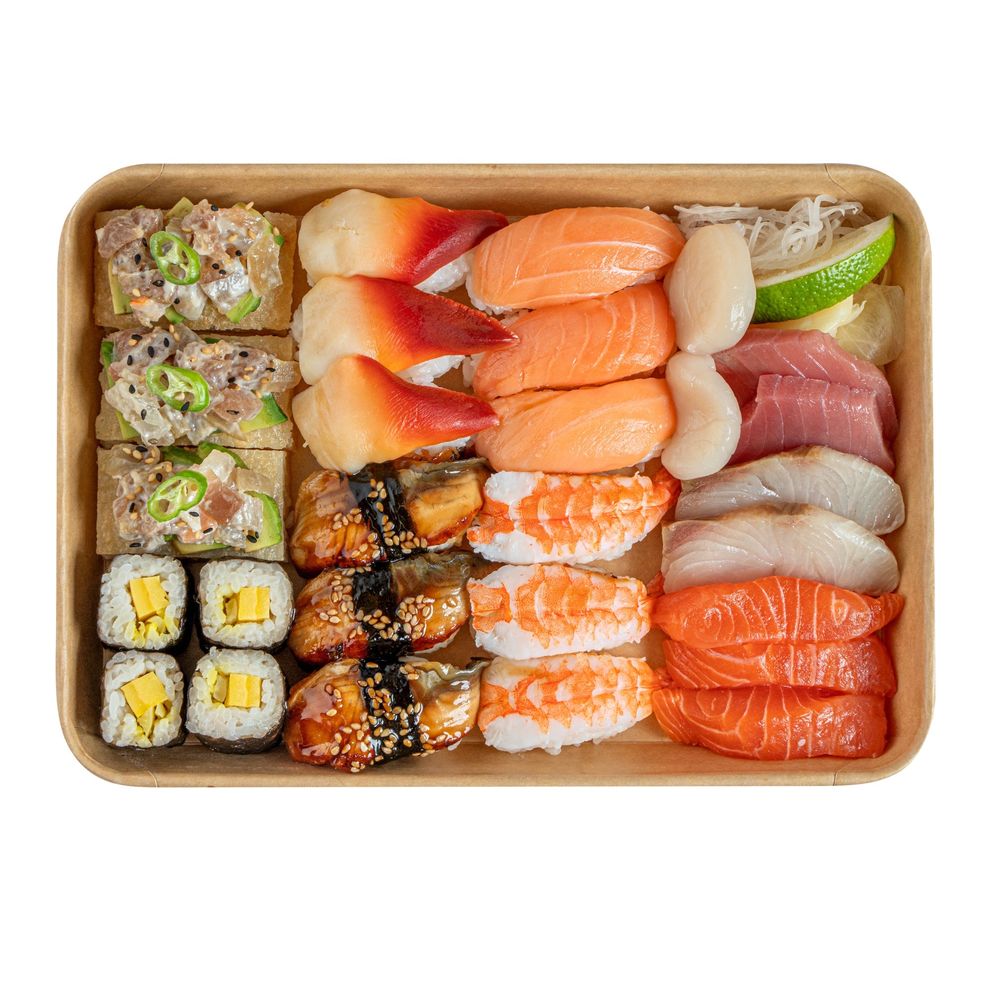 Matsuri Vision 23 oz Rectangle Kraft Paper Sushi Container - 10" x 7 1/4" x 1" - 100 count box