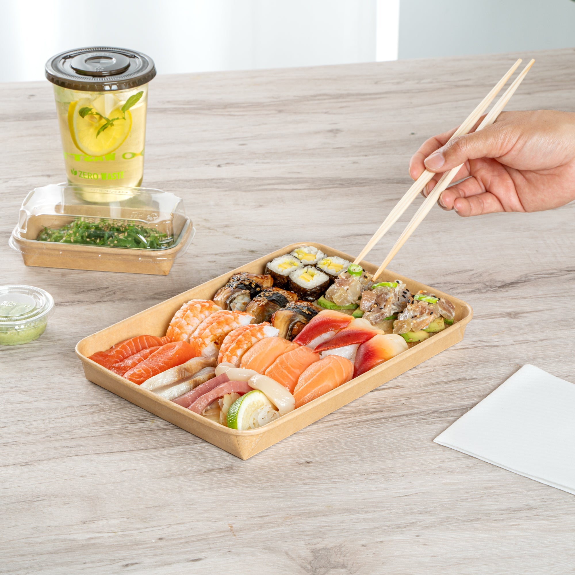 Matsuri Vision 23 oz Rectangle Kraft Paper Sushi Container - 10" x 7 1/4" x 1" - 100 count box