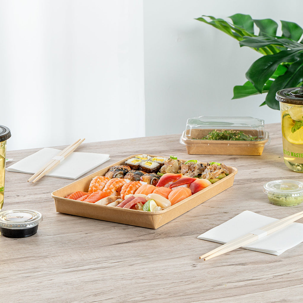 Matsuri Vision 23 oz Rectangle Kraft Paper Sushi Container - 10" x 7 1/4" x 1" - 100 count box