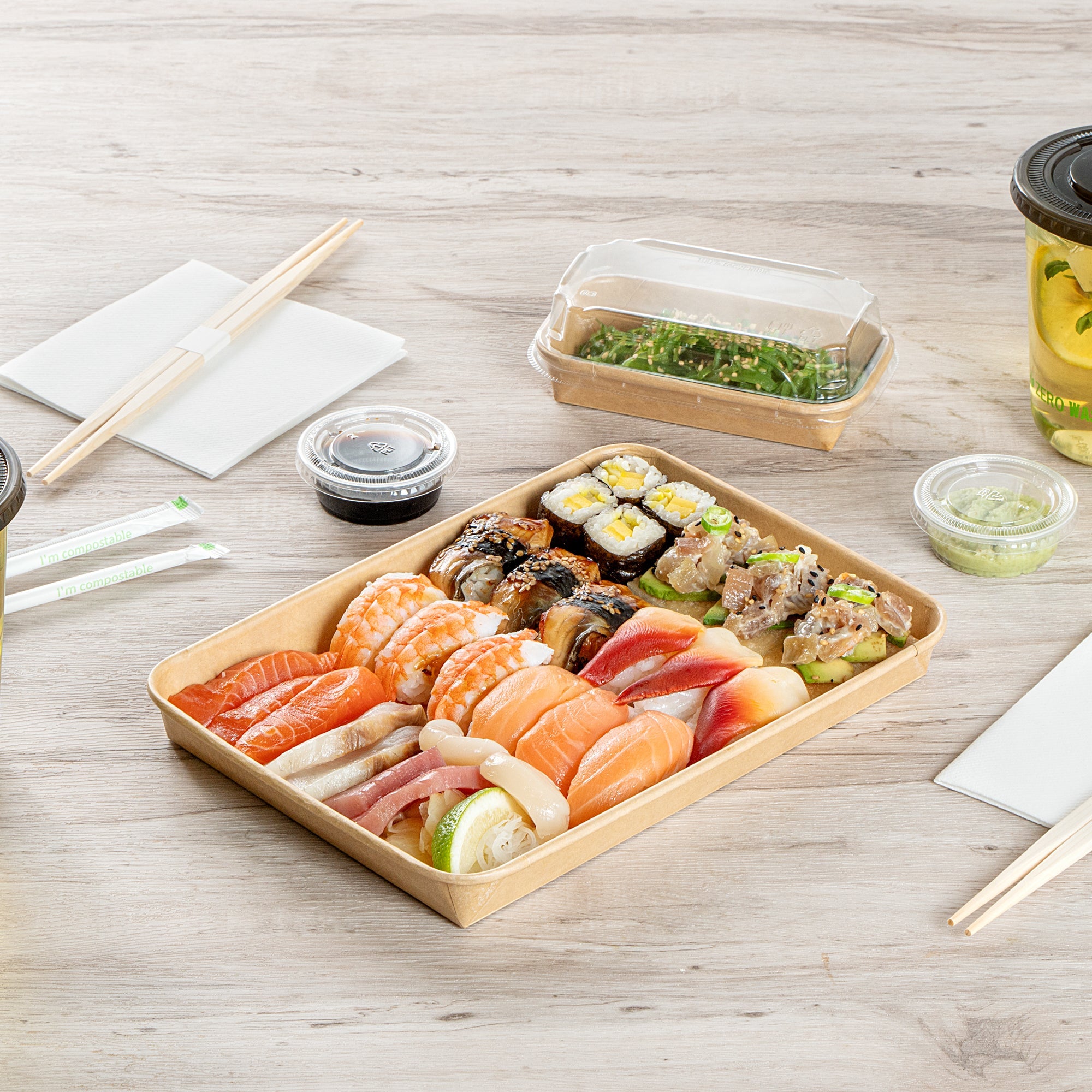 Matsuri Vision 23 oz Rectangle Kraft Paper Sushi Container - 10" x 7 1/4" x 1" - 100 count box
