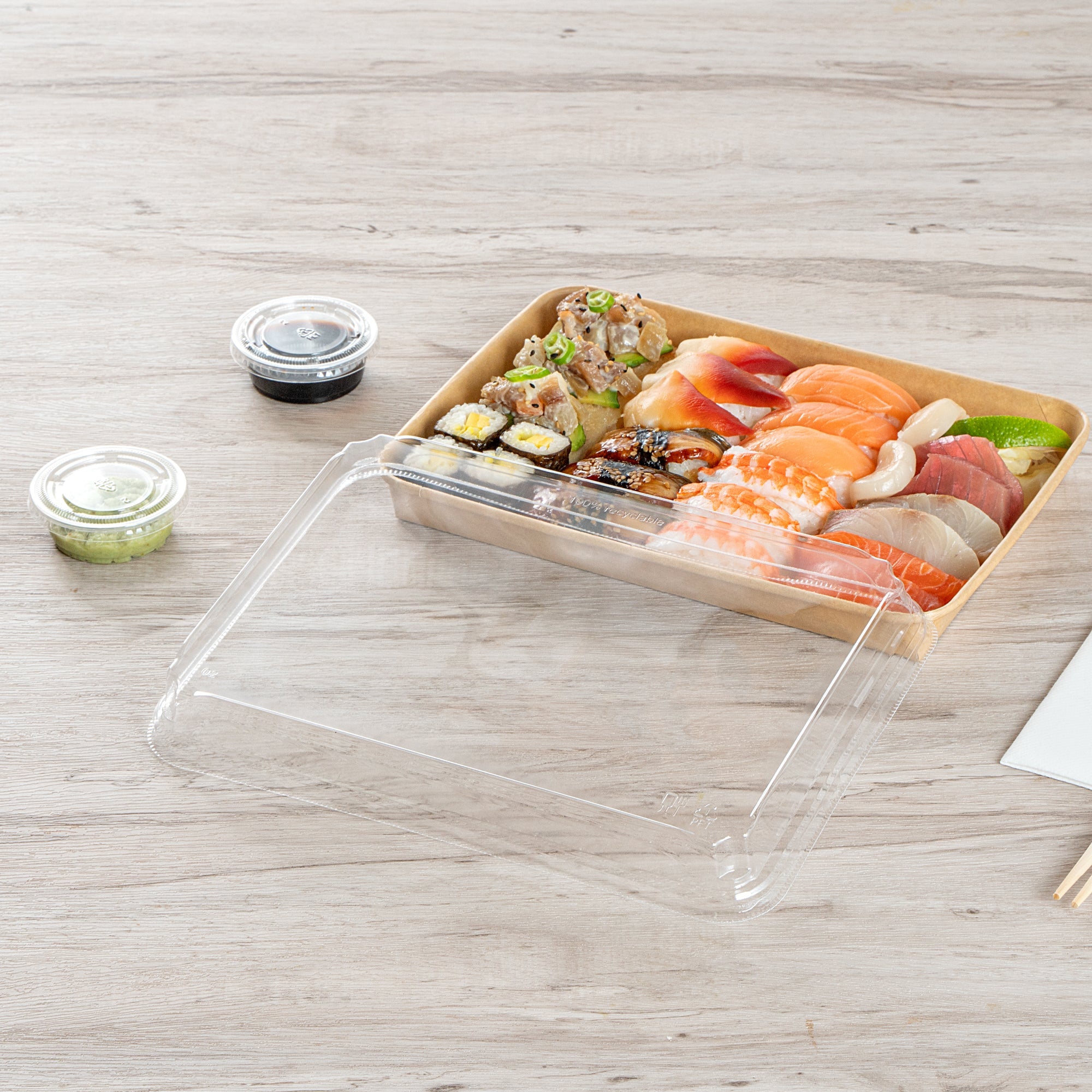 Matsuri Vision Clear PET Plastic Lid - Fits 23 oz Sushi Container, Anti-Fog - 50 count box