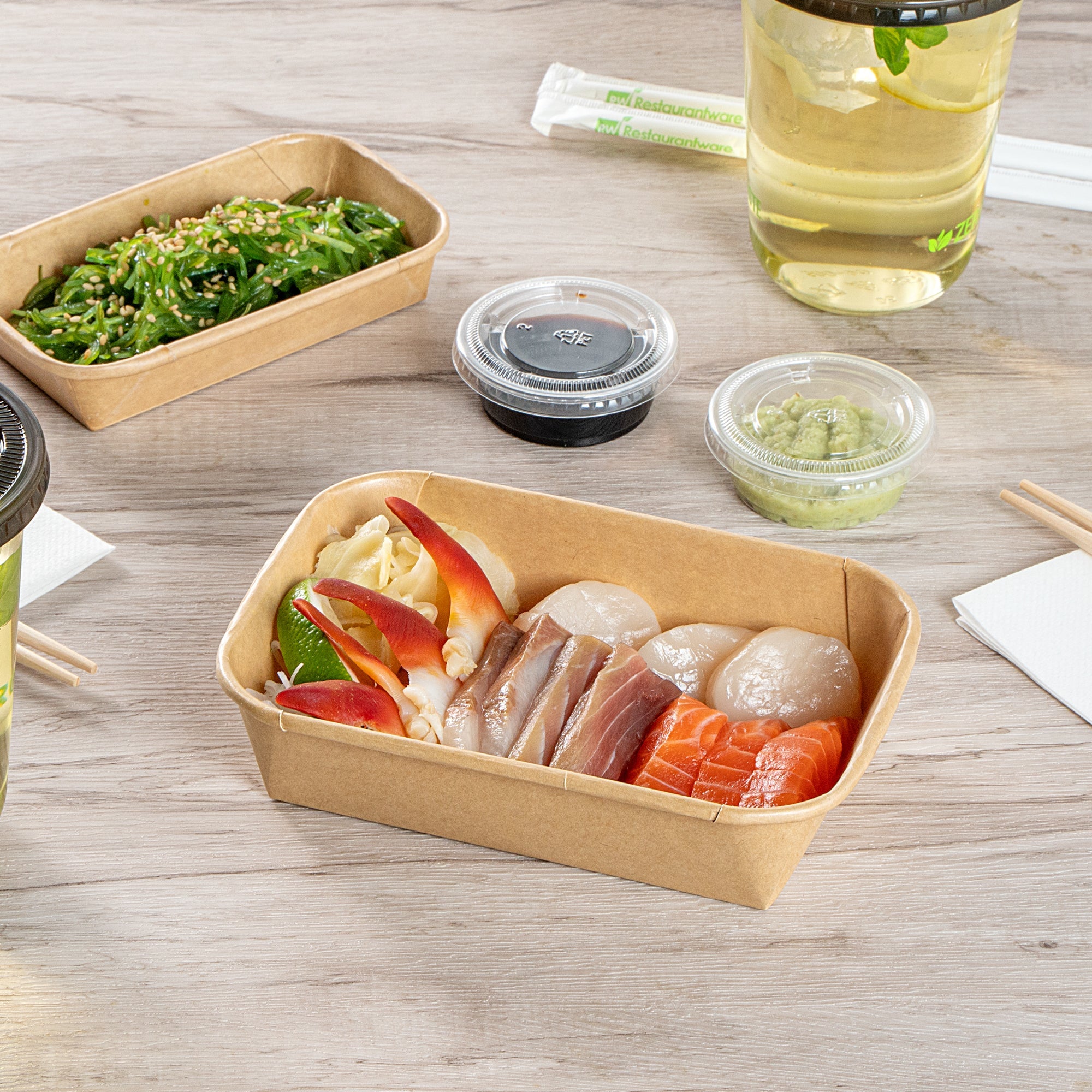 Matsuri Vision 17 oz Rectangle Kraft Paper Sushi Container - 6 1/2" x 4 3/4" x 1 1/2" - 50 count box