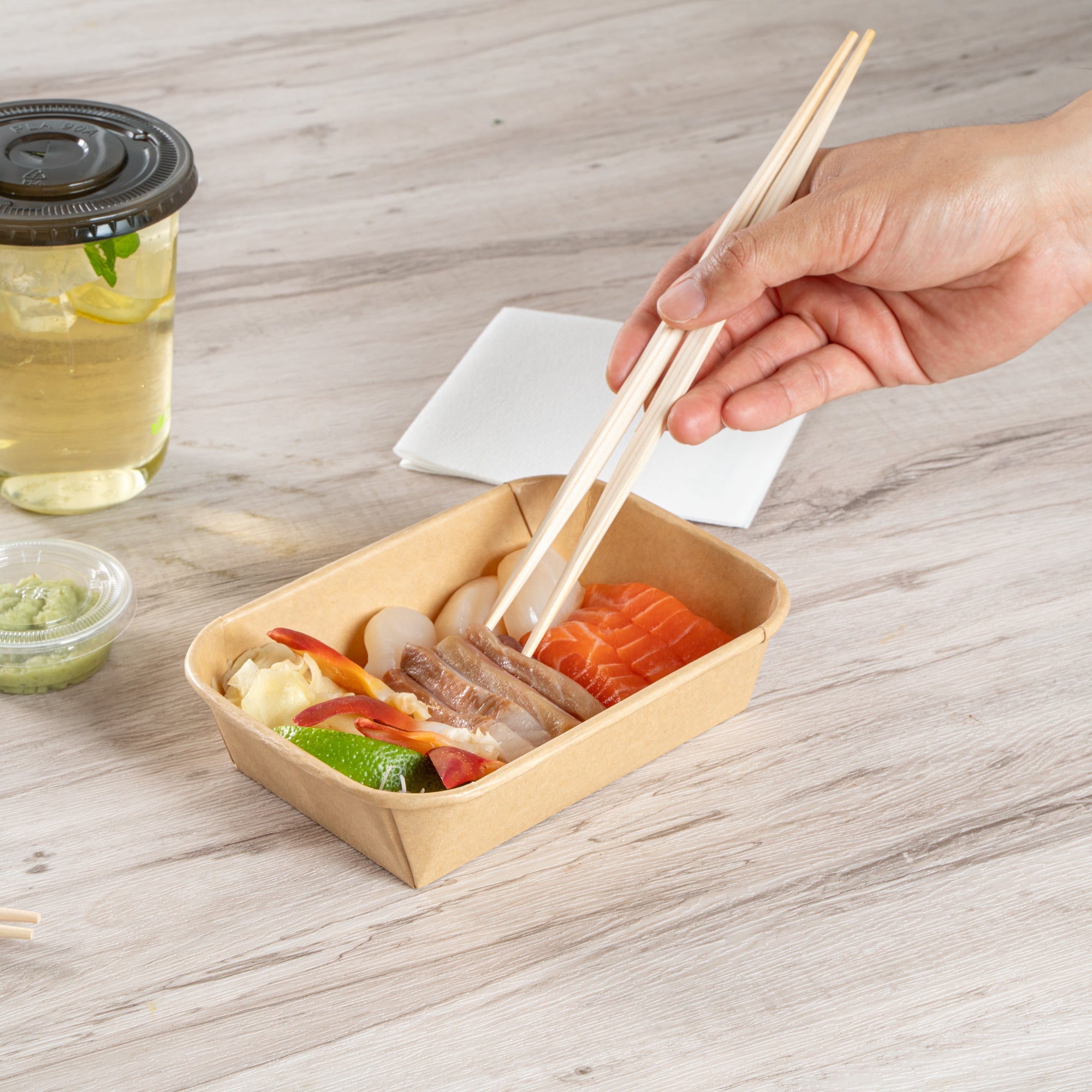 Matsuri Vision 17 oz Rectangle Kraft Paper Sushi Container - 6 1/2" x 4 3/4" x 1 1/2" - 50 count box