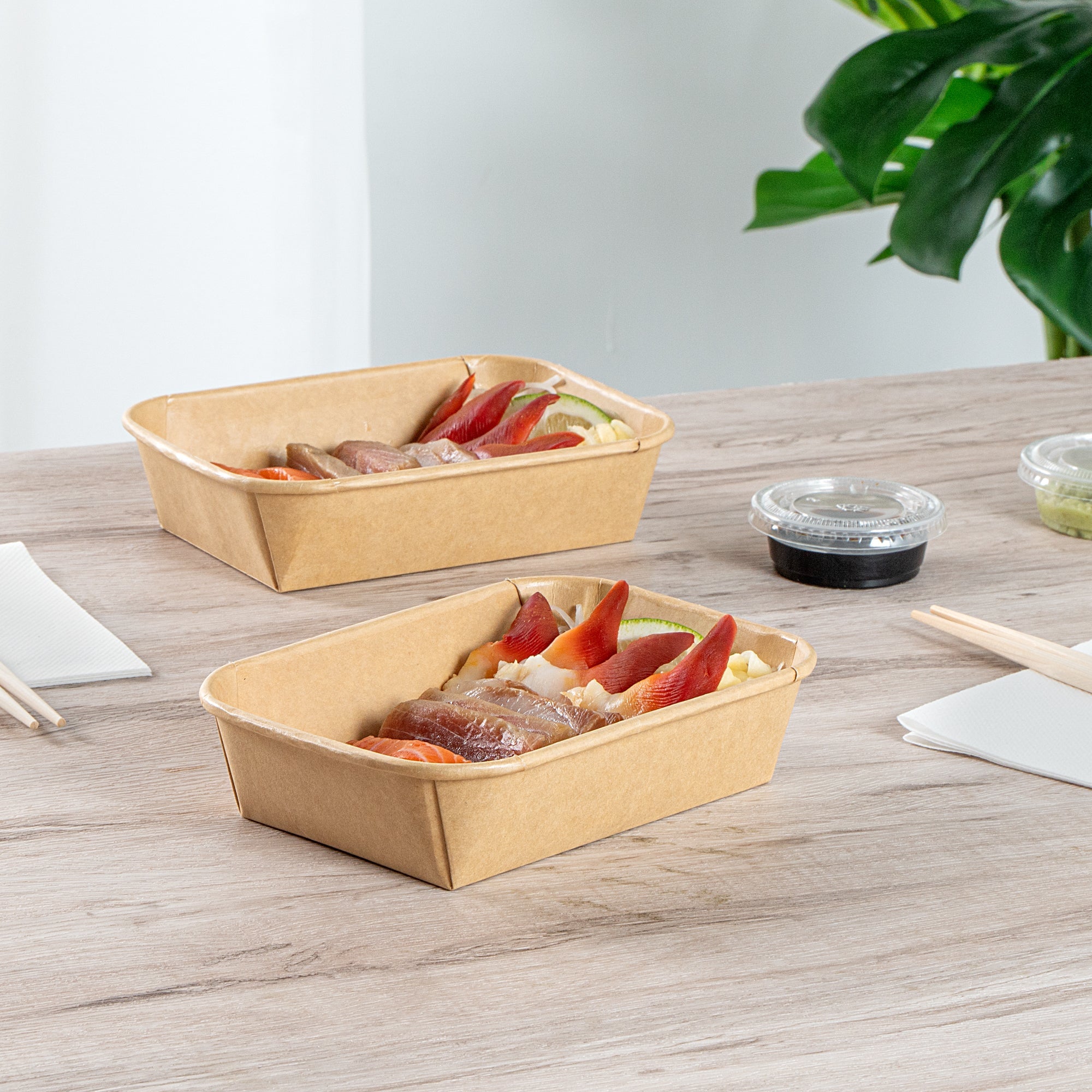Matsuri Vision 17 oz Rectangle Kraft Paper Sushi Container - 6 1/2" x 4 3/4" x 1 1/2" - 100 count box