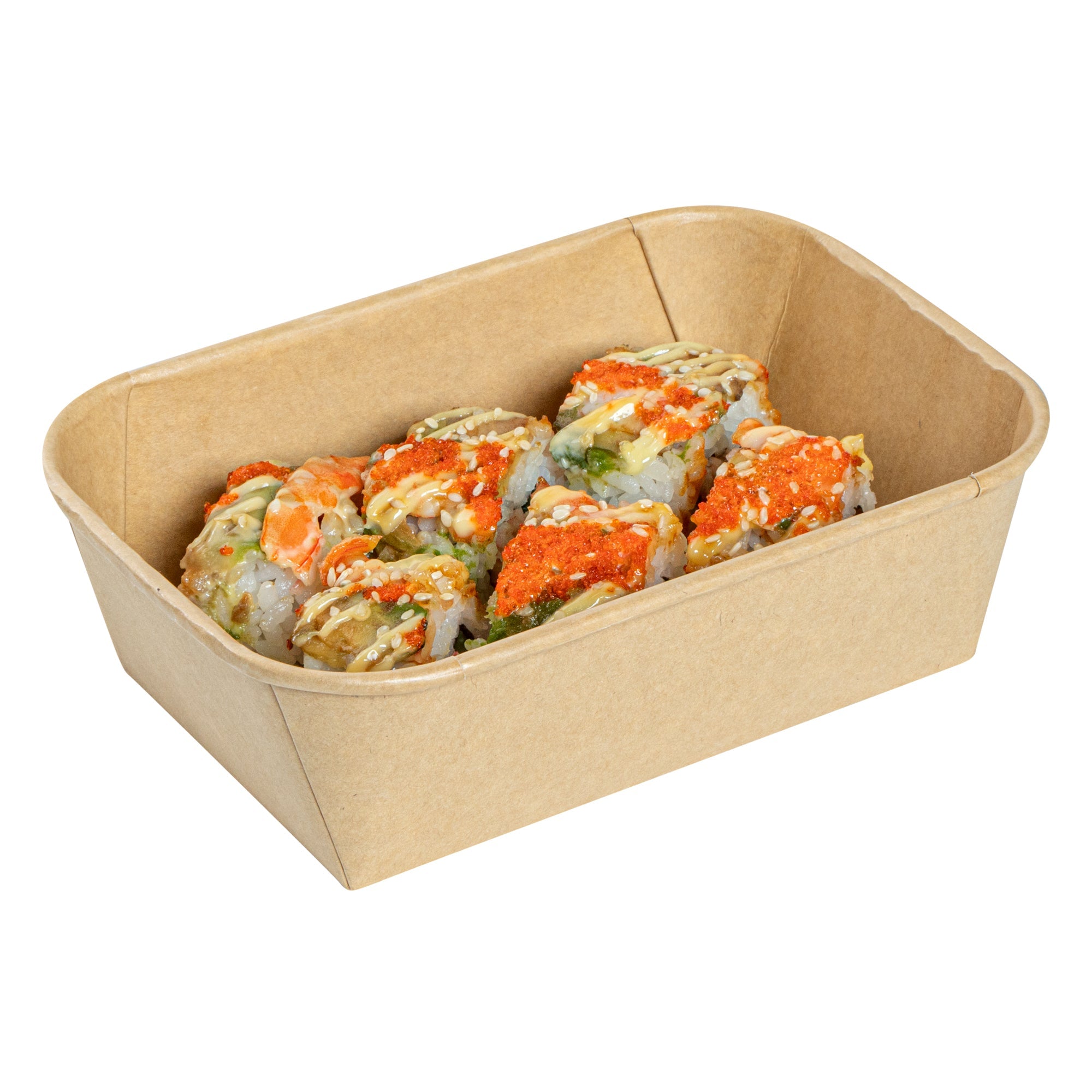 Matsuri Vision 22 oz Rectangle Kraft Paper Sushi Container - 6 1/2" x 4 3/4" x 2" - 50 count box