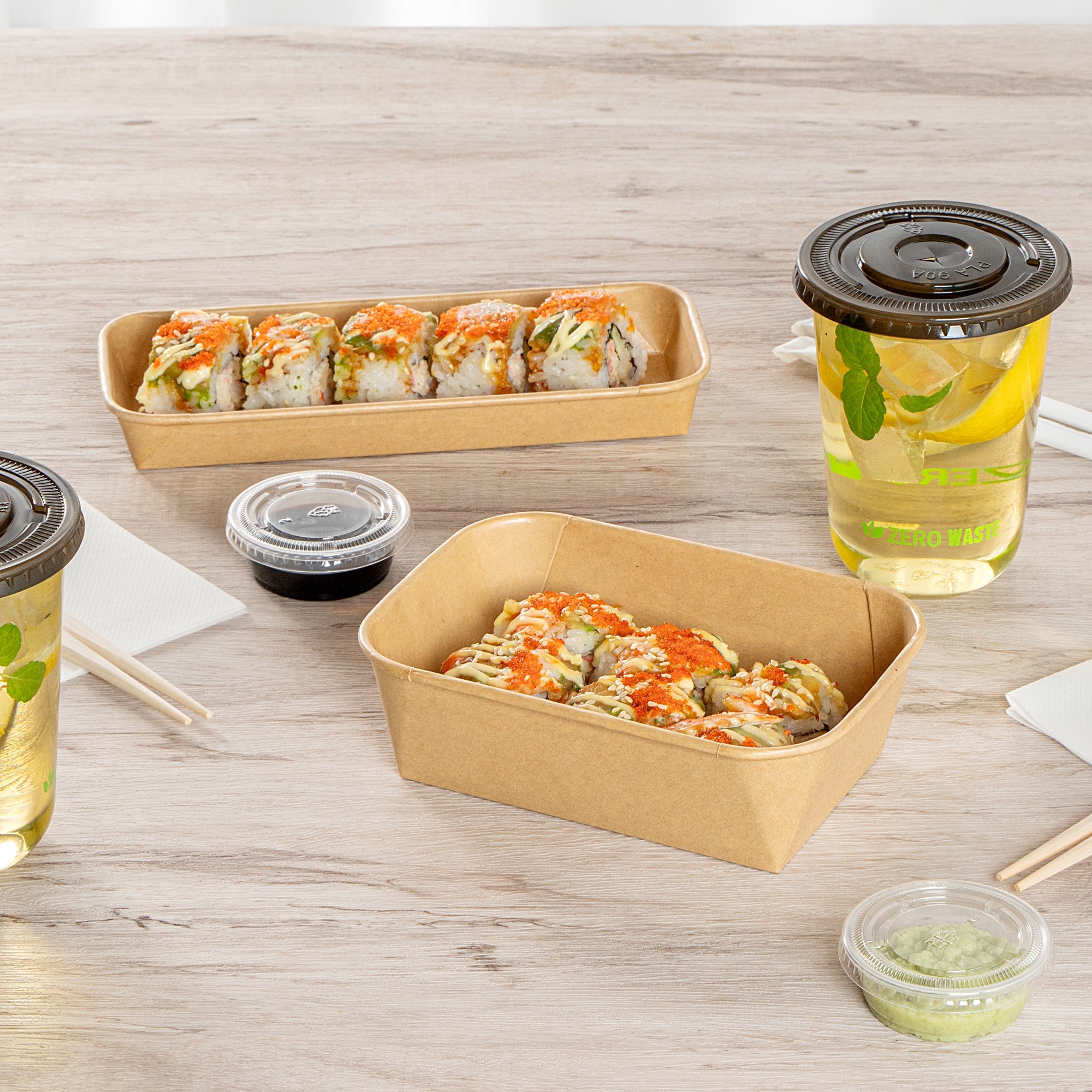 Matsuri Vision 22 oz Rectangle Kraft Paper Sushi Container - 6 1/2" x 4 3/4" x 2" - 50 count box