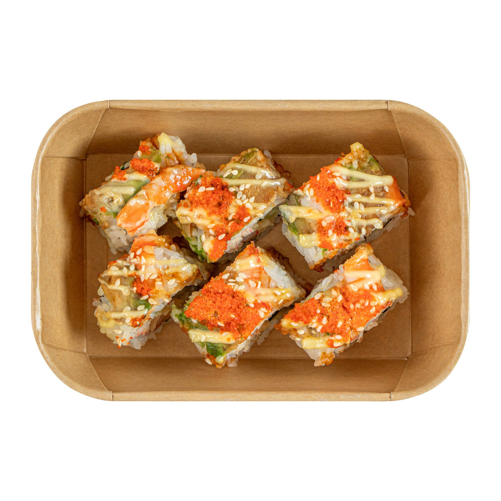Matsuri Vision 22 oz Rectangle Kraft Paper Sushi Container - 6 1/2" x 4 3/4" x 2" - 50 count box