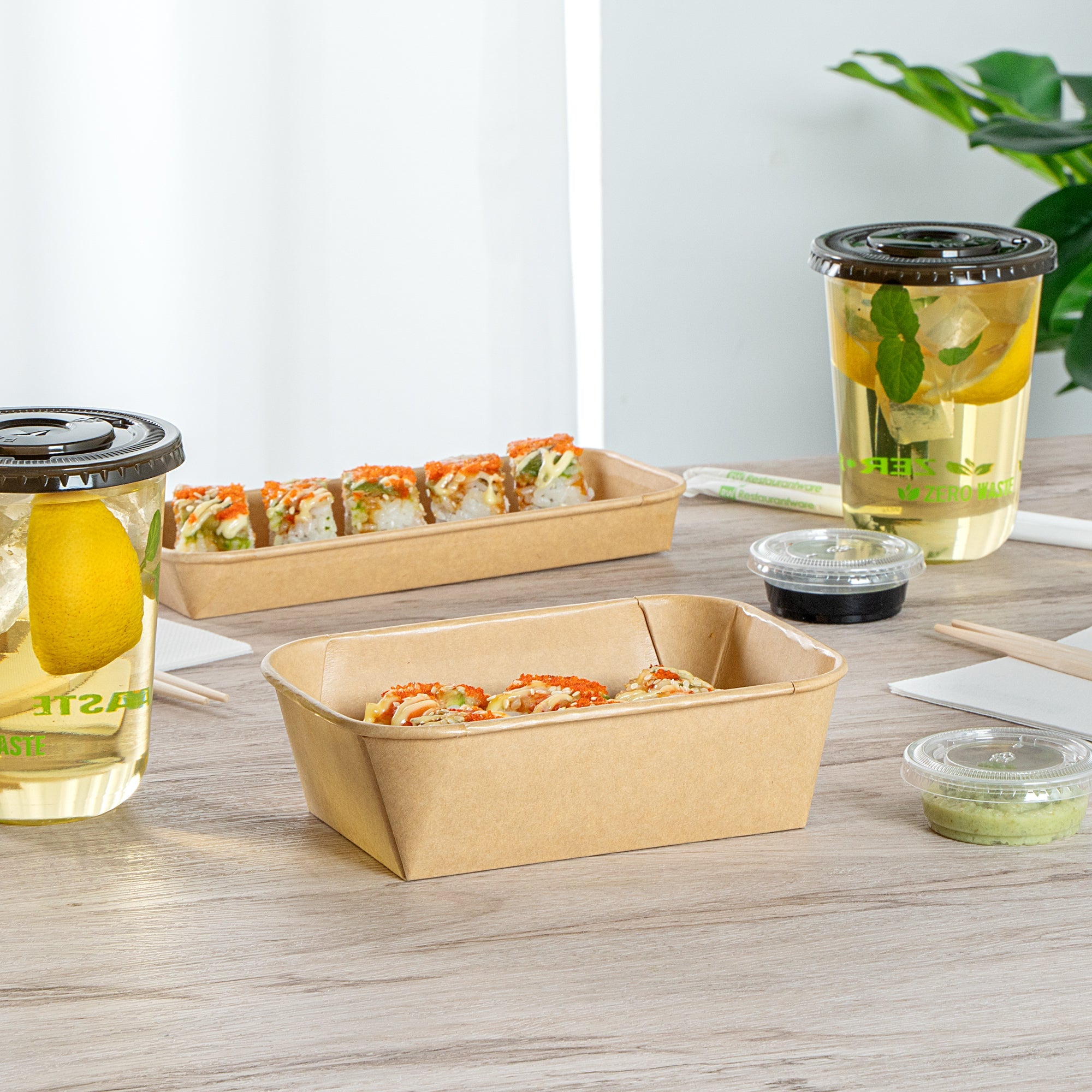 Matsuri Vision 22 oz Rectangle Kraft Paper Sushi Container - 6 1/2" x 4 3/4" x 2" - 50 count box