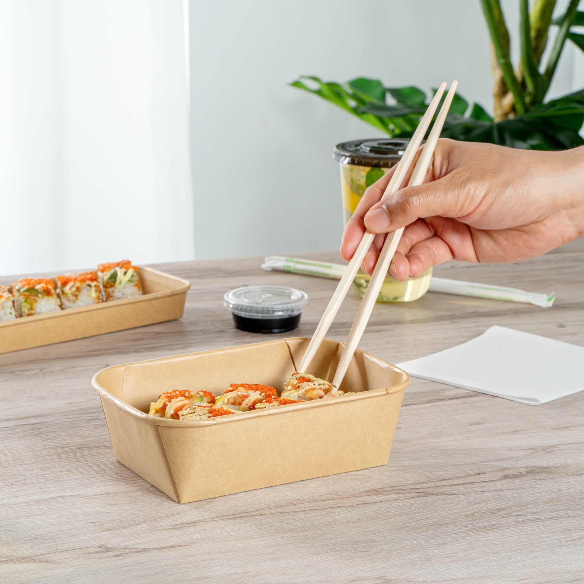 Matsuri Vision 22 oz Rectangle Kraft Paper Sushi Container - 6 1/2" x 4 3/4" x 2" - 50 count box
