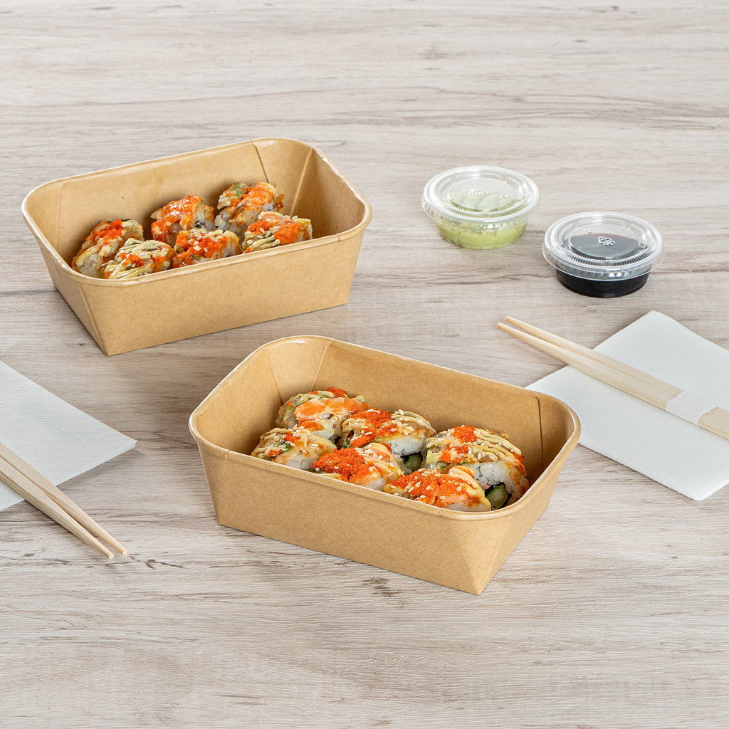 Matsuri Vision 22 oz Rectangle Kraft Paper Sushi Container - 6 1/2" x 4 3/4" x 2" - 50 count box