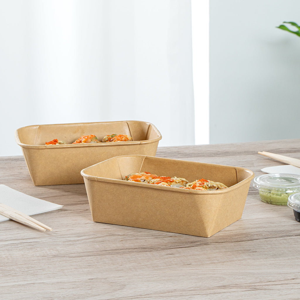 Matsuri Vision 22 oz Rectangle Kraft Paper Sushi Container - 6 1/2" x 4 3/4" x 2" - 50 count box