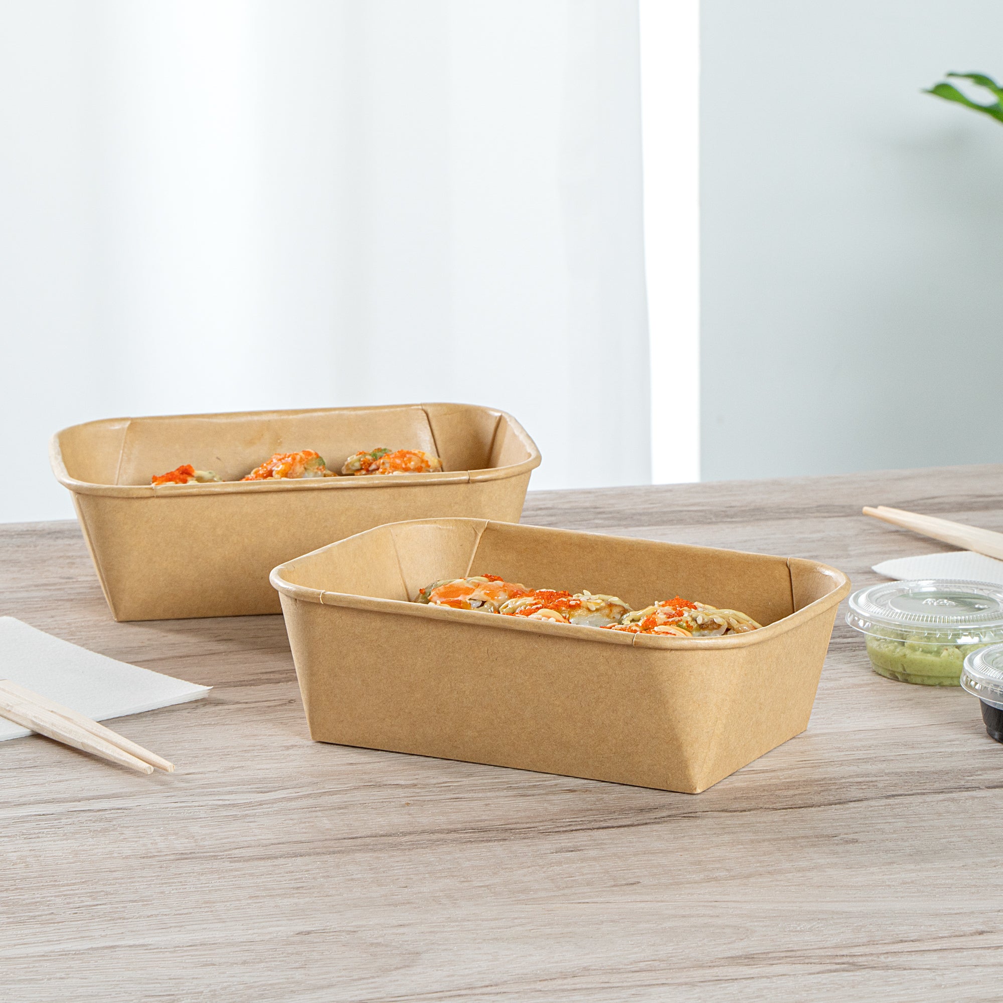 Matsuri Vision 22 oz Rectangle Kraft Paper Sushi Container - 6 1/2" x 4 3/4" x 2" - 50 count box
