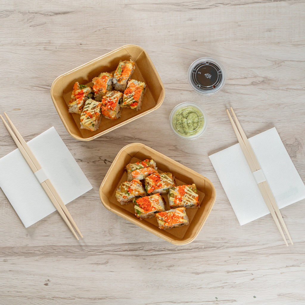 Matsuri Vision 22 oz Rectangle Kraft Paper Sushi Container - 6 1/2" x 4 3/4" x 2" - 50 count box