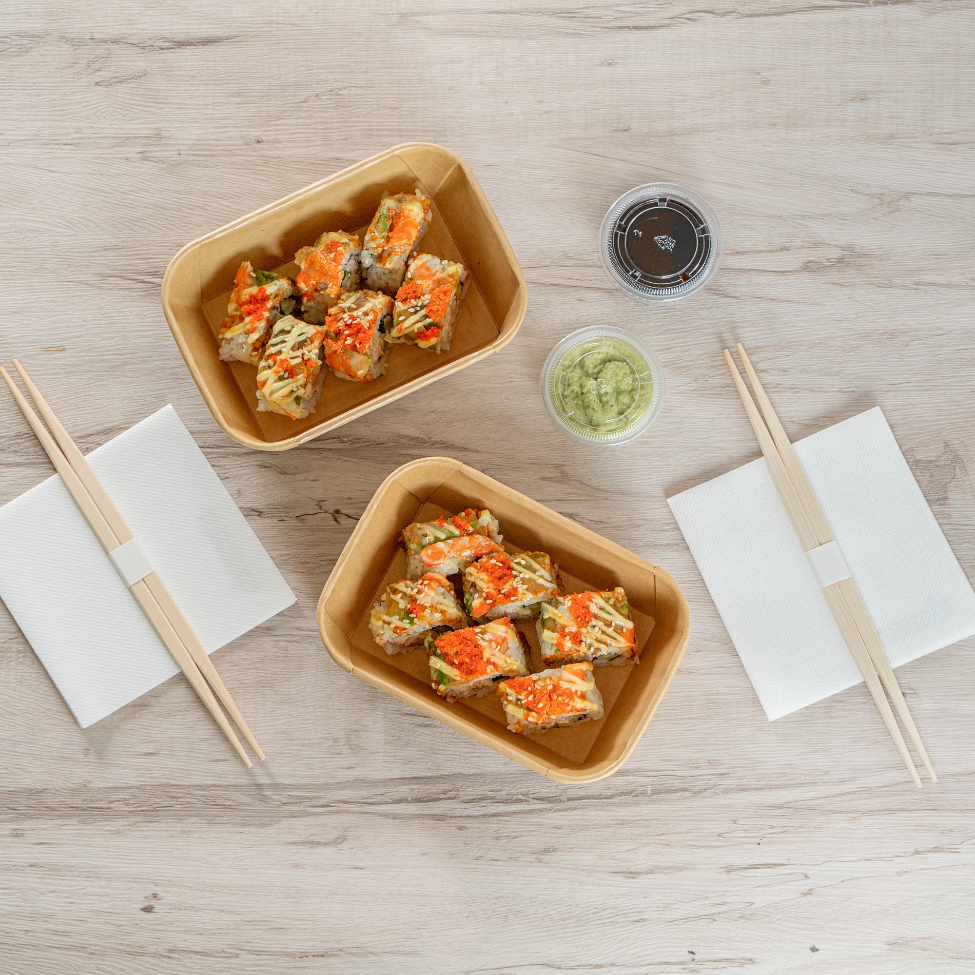 Matsuri Vision 22 oz Rectangle Kraft Paper Sushi Container - 6 1/2" x 4 3/4" x 2" - 100 count box